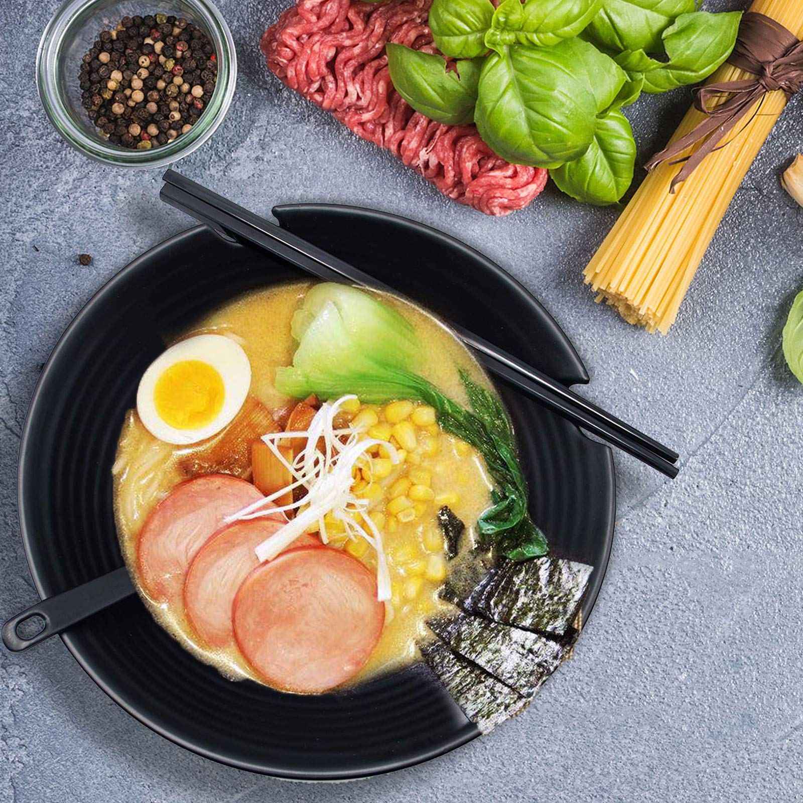 Vivimee Unbreakable Japanese Style Ramen Bowl Set Of 2, 37Oz Black Large Matte Melamine Bowls And Spoons Set With Chopsticks & S