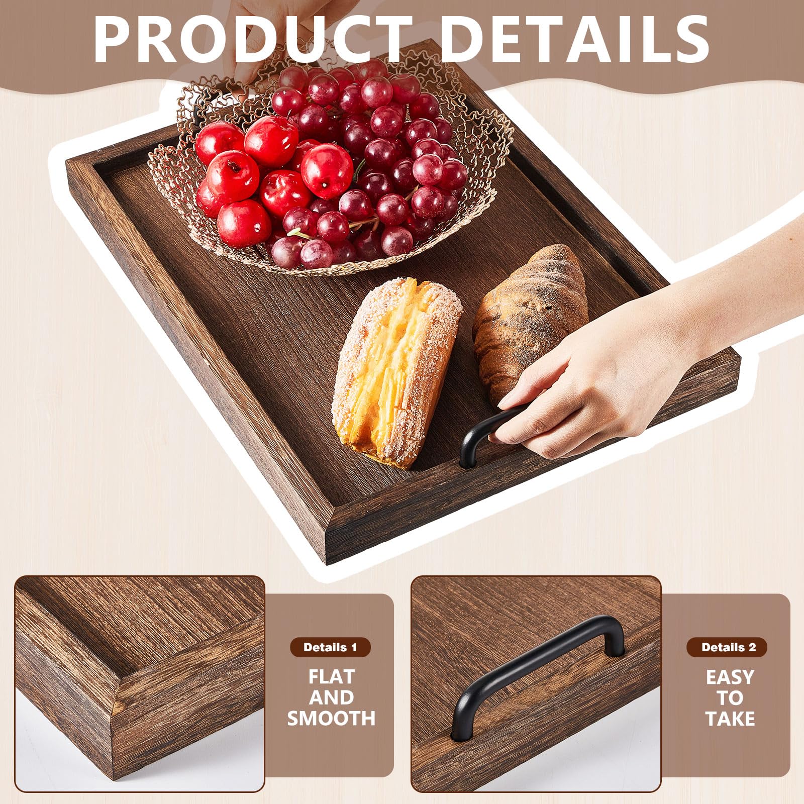 Lallisa 4 Pcs Large Wooden Serving Tray Decorative 15.75 X 11.81 X 2.36 Ottomantray Rustic With Handles Coffee Table Decor Wood