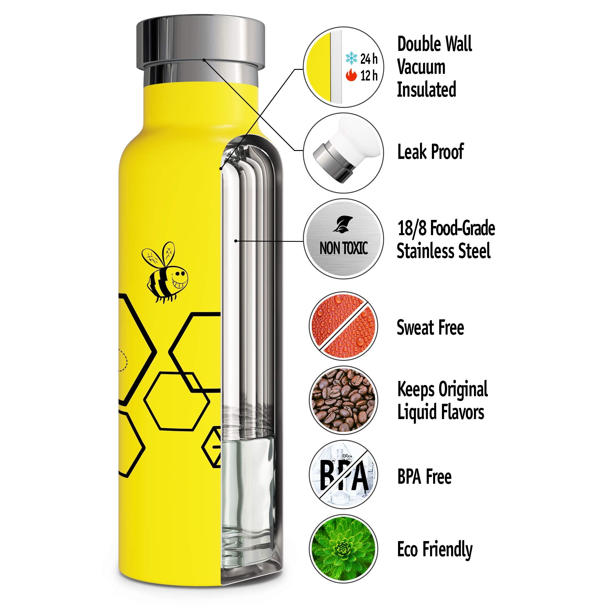Involve & Evolve Insulated Water Bottle with 3 Lids (Straw Lid) Kids Reusable Double Walled Stainless Steel Flask Metal Bee Happy Thermos 12oz 17oz 20oz 25oz (20 oz  Yellow)