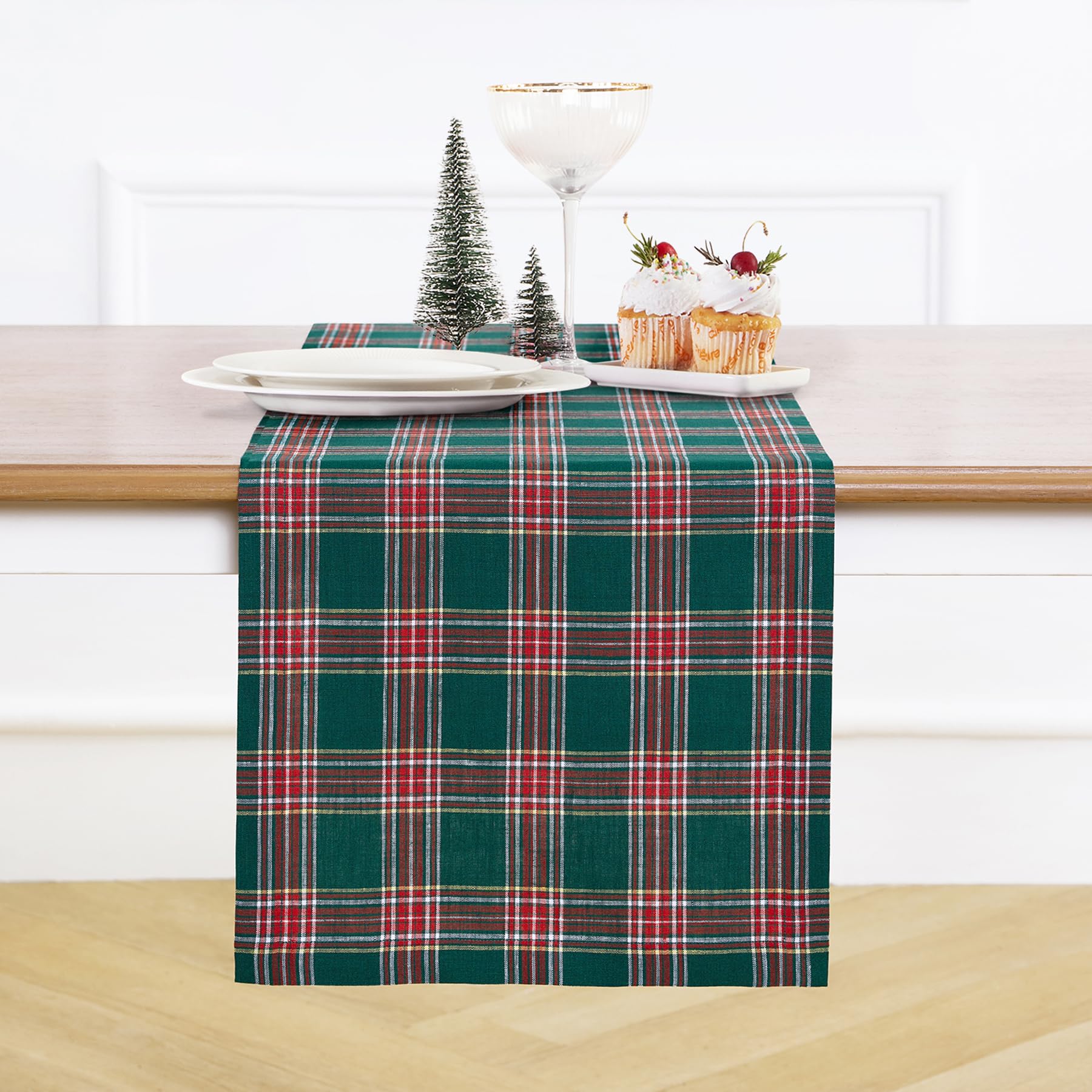 Solino Home Plaid Table Runner 144 Inches Long - 100% Pure Linen Green Tartan Plaid Table Runner 14 x 144 Inch for Dining, St Pa