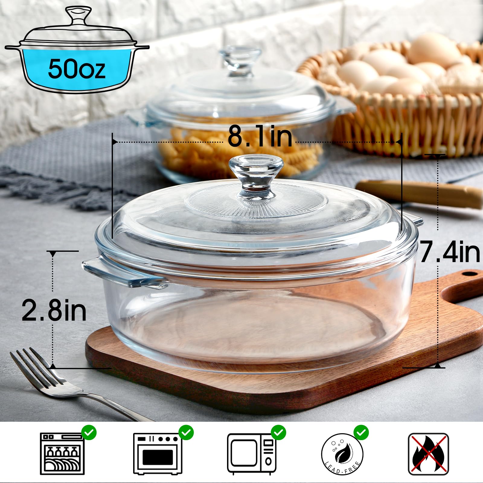 Nutriups Glass Casserole Dish With Lid Oven Safe Covered Round Casserole Dish With Handles, Glass Microwavable Bowl With Glass L