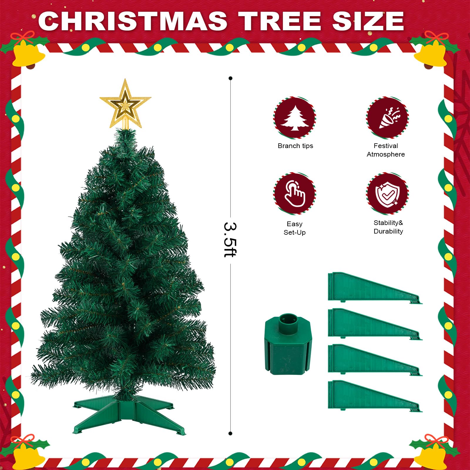 3ft Artificial Christmas Tree with Gold Tree Topper Star, Mini Xmas Pine Tree with 4-Leg Stable Plastic Base, Small Tabletop Chr