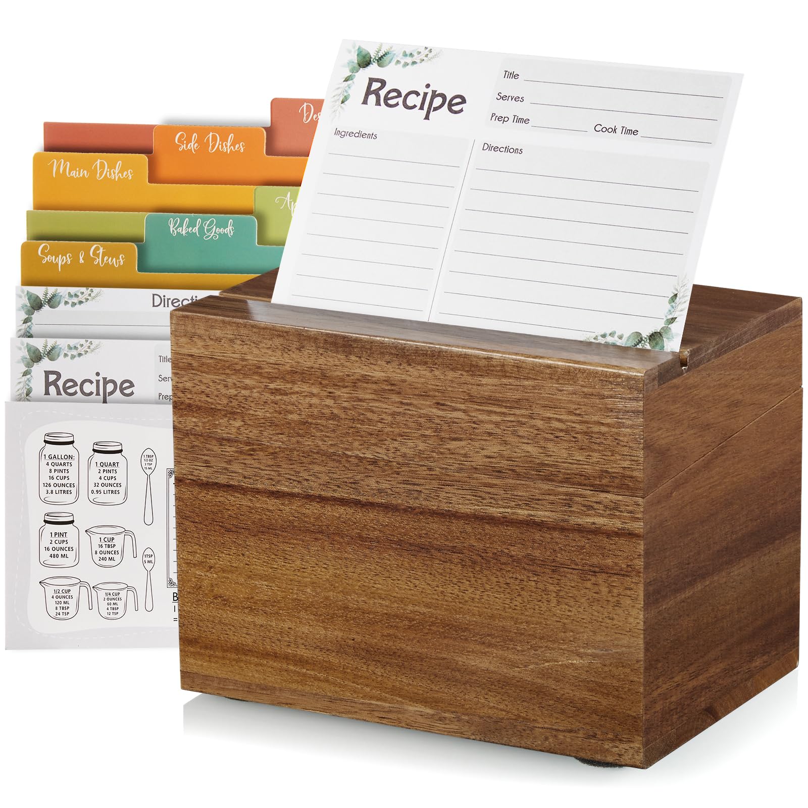 DRASTAR Recipe Card Box, Acacia Recipe Holder 4x6, Recipe Organizer with 50 Cards and 6 Dividers, Index Card Box, Wooden Box for