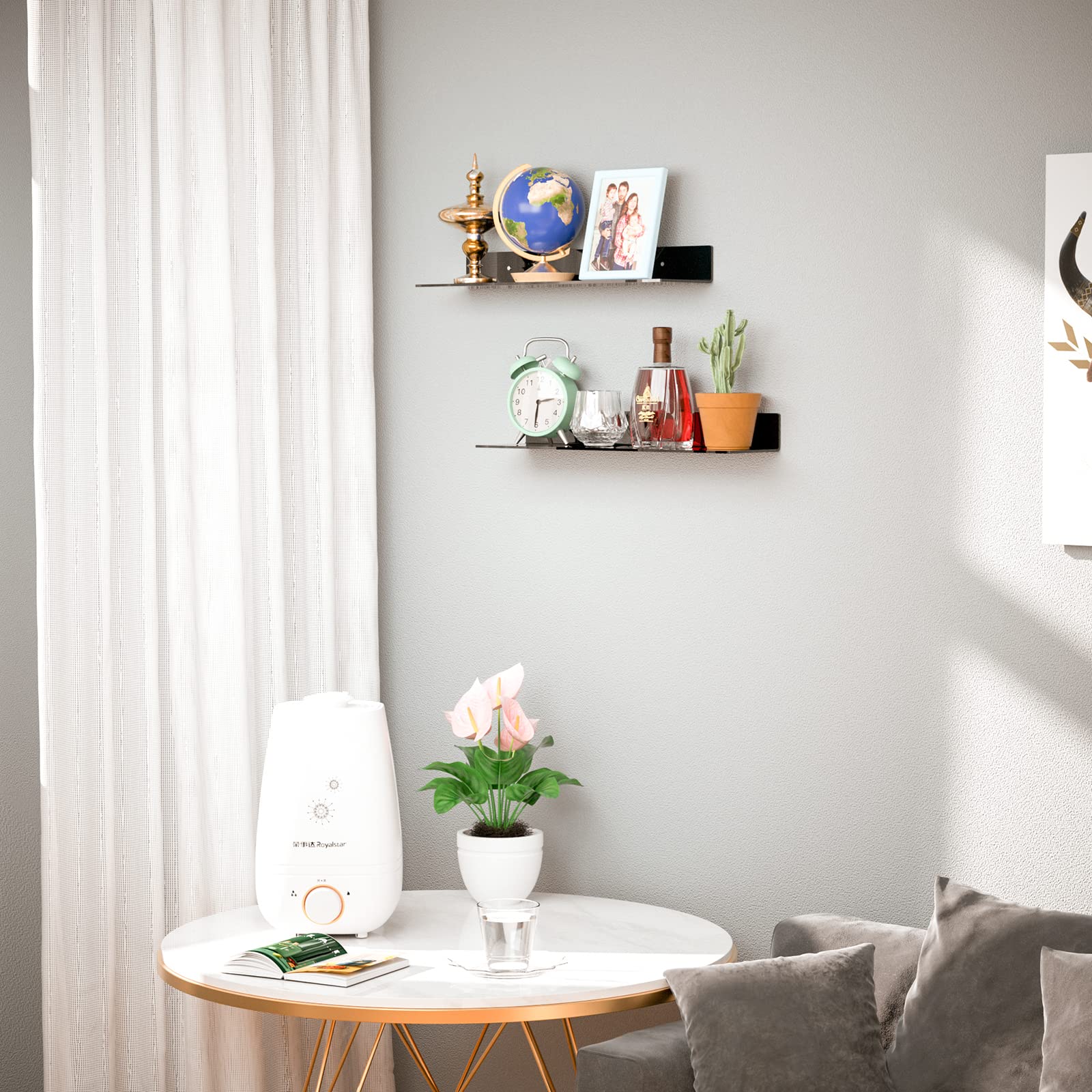Sezanrpt 2 Pack Acrylic Wall Shelves 17 Inches, Black L Shape Floating Shelf, Acrylic Corner Shelf, Perspex Wall Display Shelves