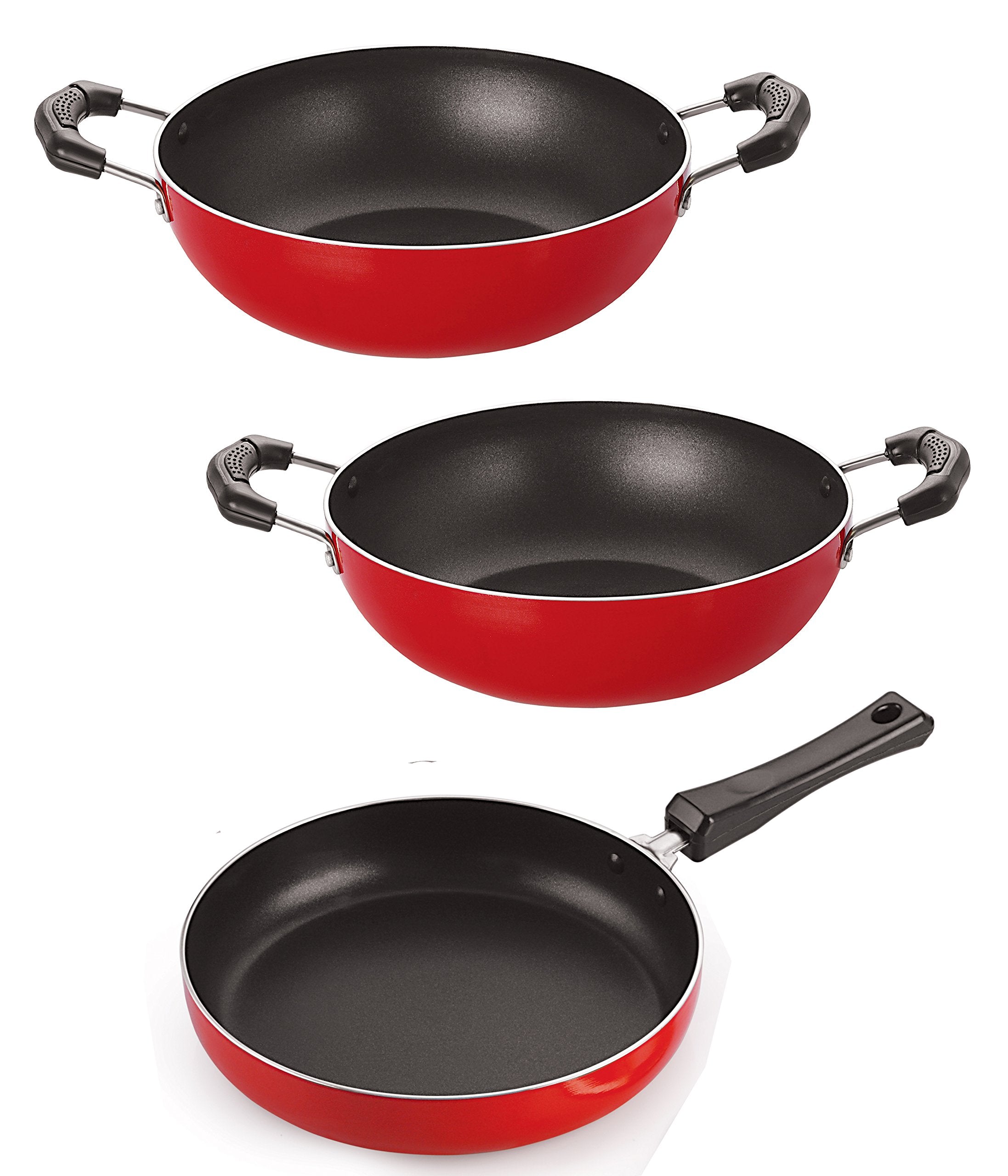 Nirlon Bpa Free Deep Frying Pan And Kadai Combo Kitchenware Essential Set With Steel Lid, 2.6Mm_Fp11_Kd10_Kd11