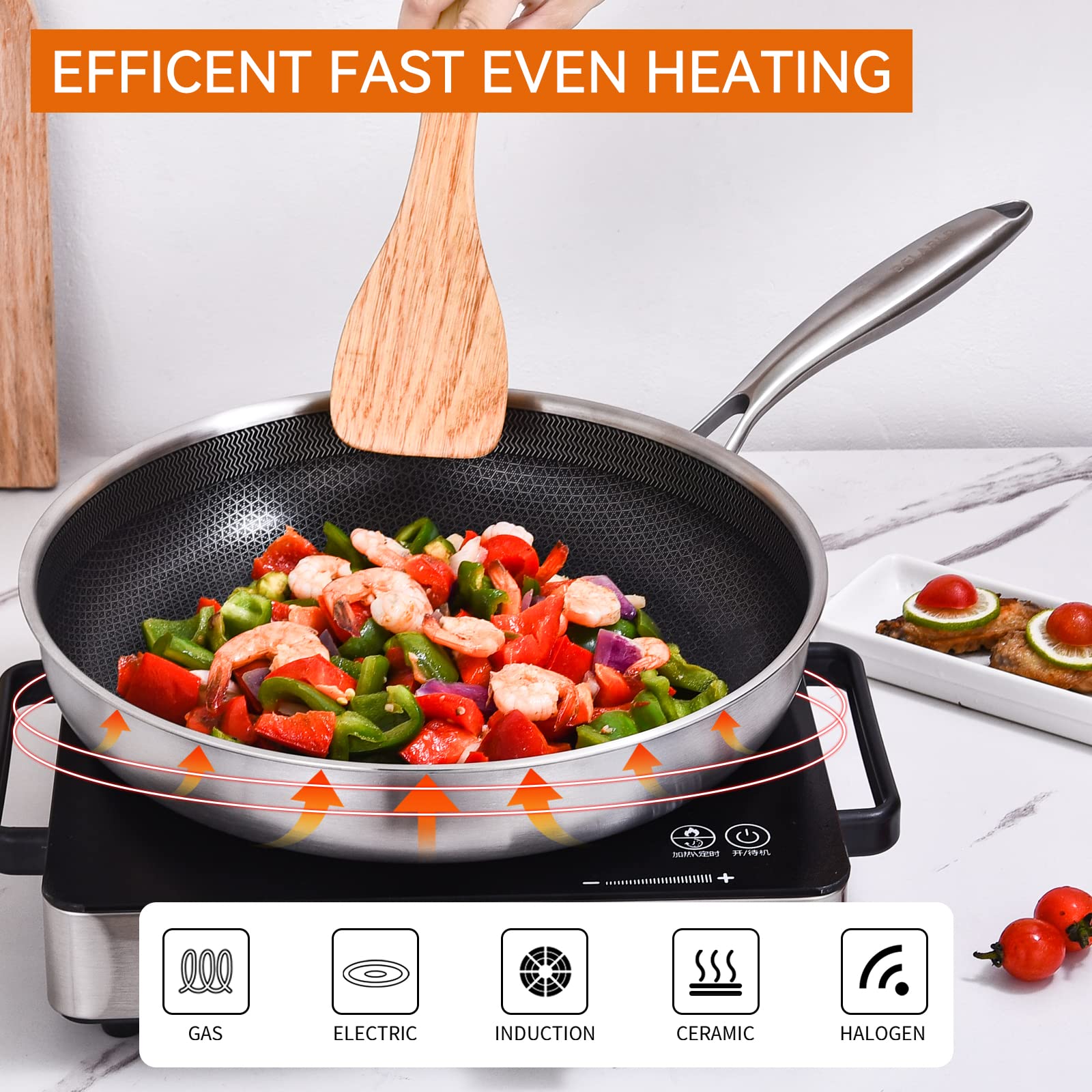 Delarlo Whole Body Tri-Ply Stainless Steel Hybrid 12 Inch Frying Pan With Lid Nonstick, Oven Safe Induction Skillet,Suitable For