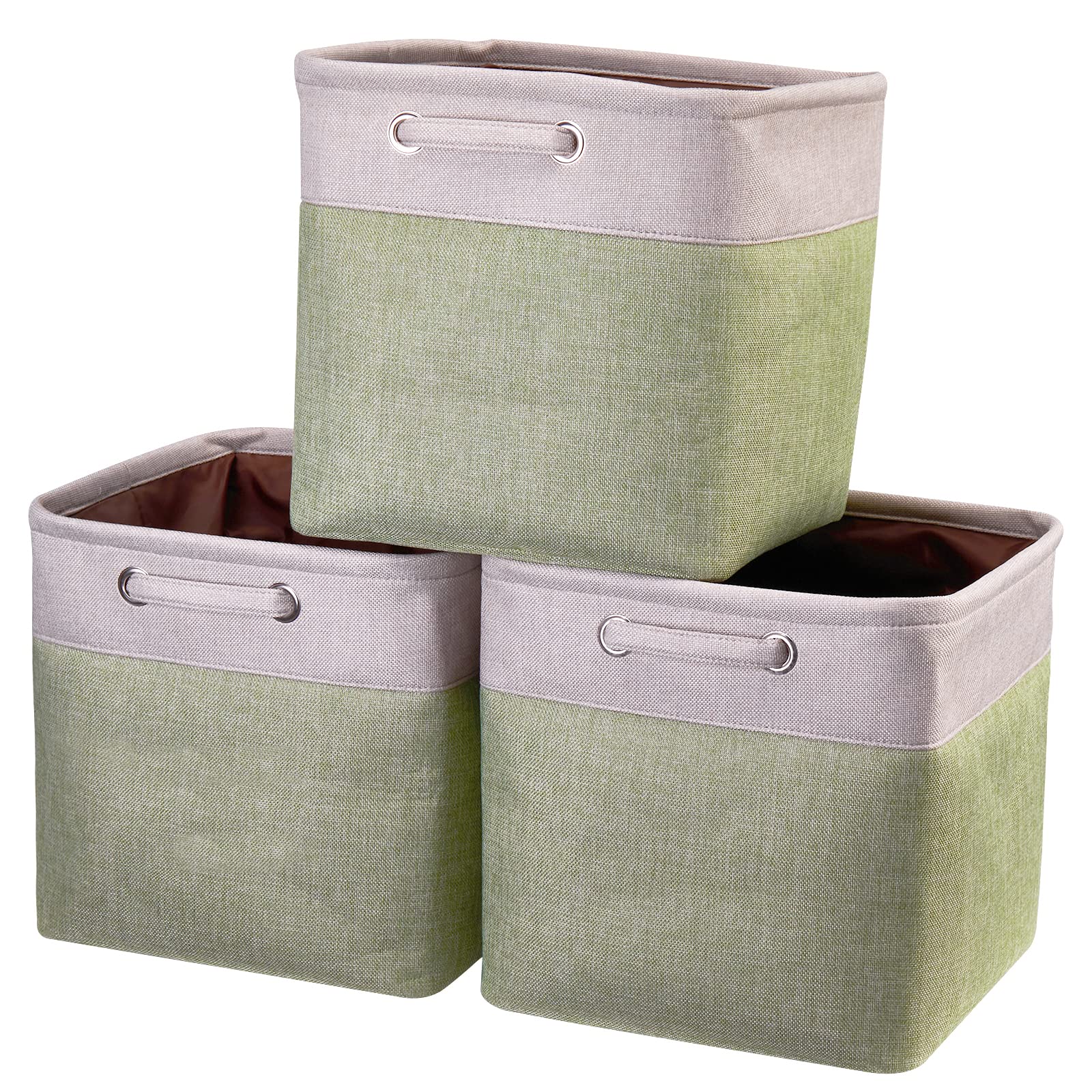 Fabric Cube Storage Boxes Foldable Storage Bins Light Green And Silver Khaki Patchwork Storage Baskets Cube Storage Bins With Ha