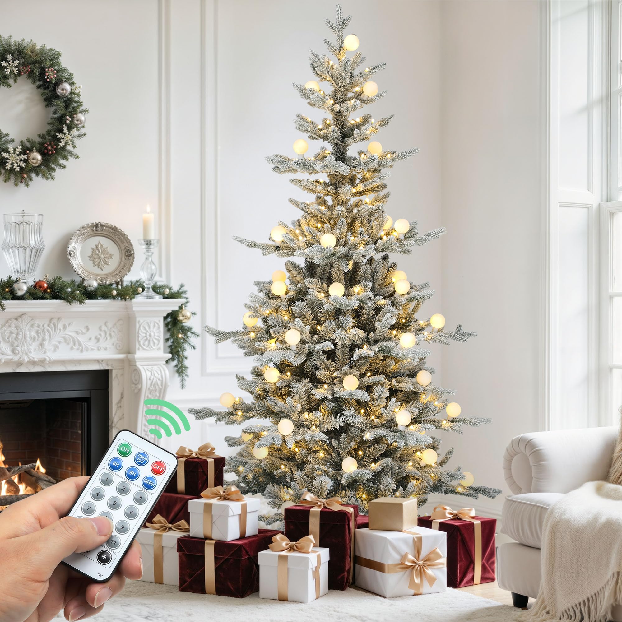 YITAHOME 7.5FT Pre-lit Flocked Layered Christmas Tree with Remote, Hinged Flocked Christmas Tree w/ 1734 PE & PVC Mixed Tips, 35