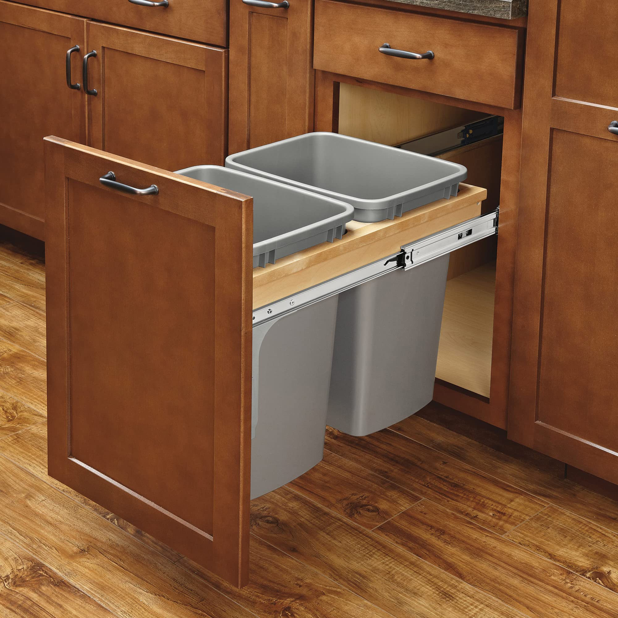 Rev-A-Shelf Double Pull Out Under Cabinet Trash Can W/Soft-Close, 35 Qt Garbage Bin For 15'' X 1.5'' Face Frame, Silver, 4Wctm-1