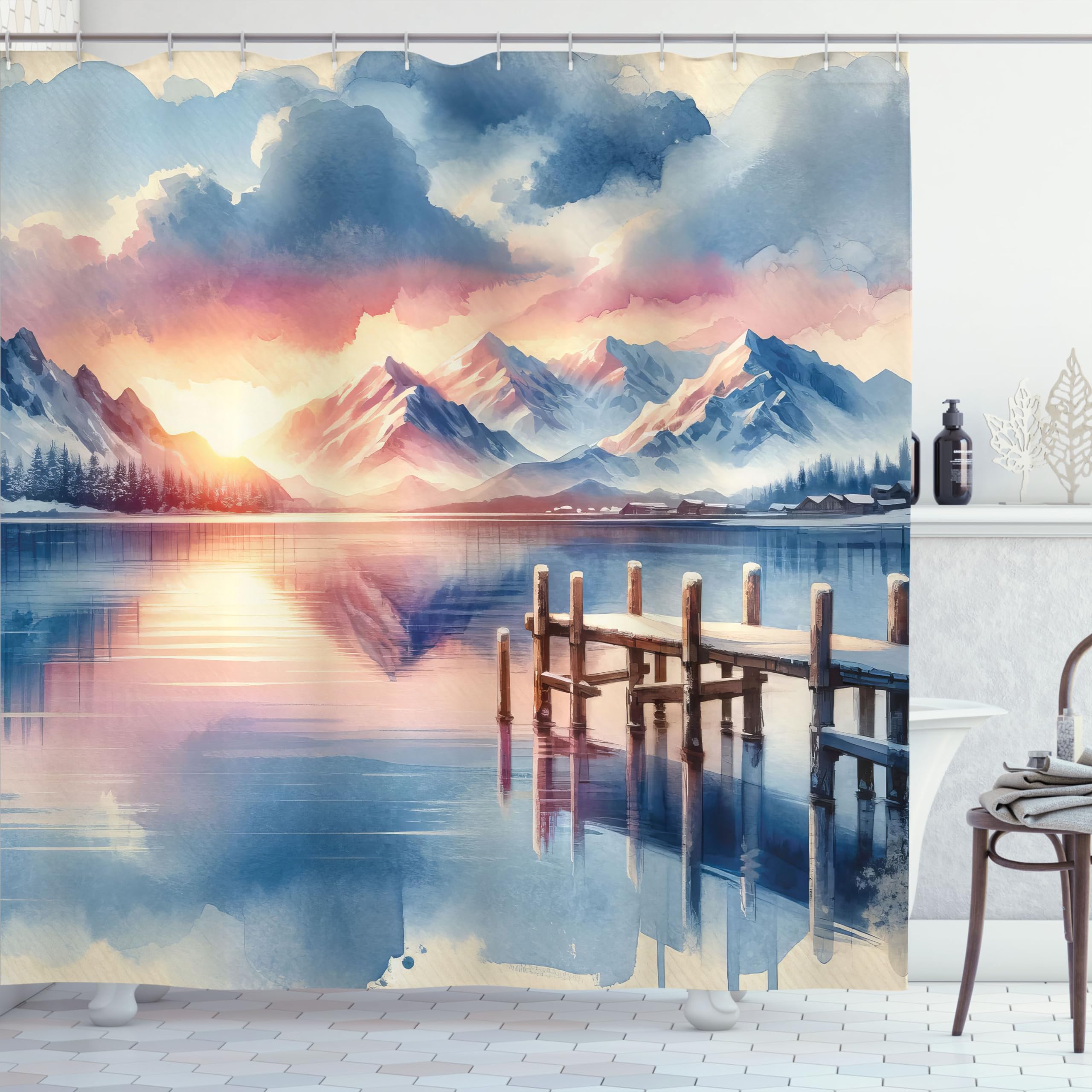 Ambesonne Lake Shower Curtain, Pastel Colors Landscape With Clouds Sunset Sky Mountains Serene Winter Pier, Cloth Fabric Bathroo