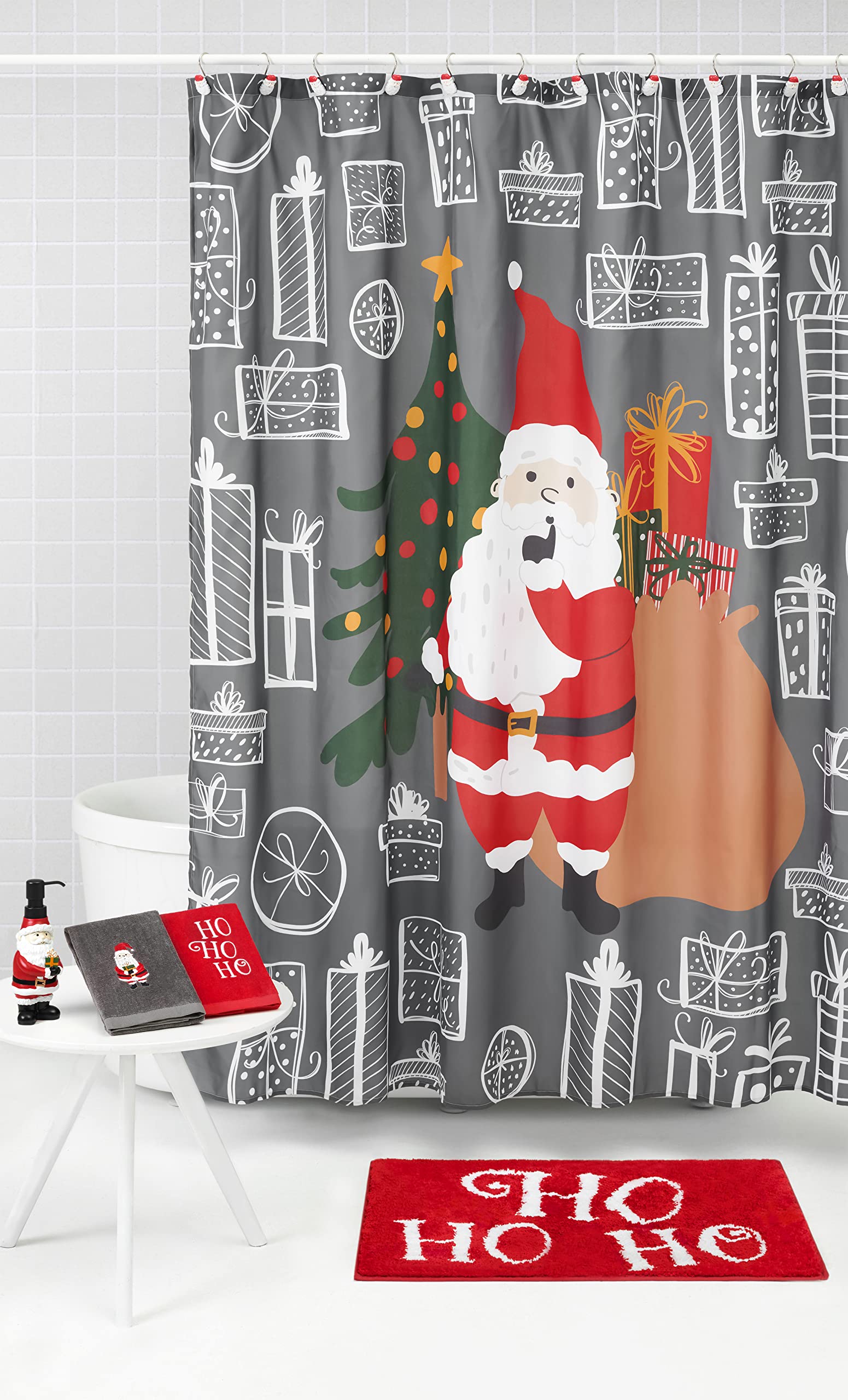 17-Piece Christmas Holiday Bathroom Accessory Set With | Resin Liquid Soap Pump| Bath Rug | Shower Curtain | 12 Curtain Hooks |