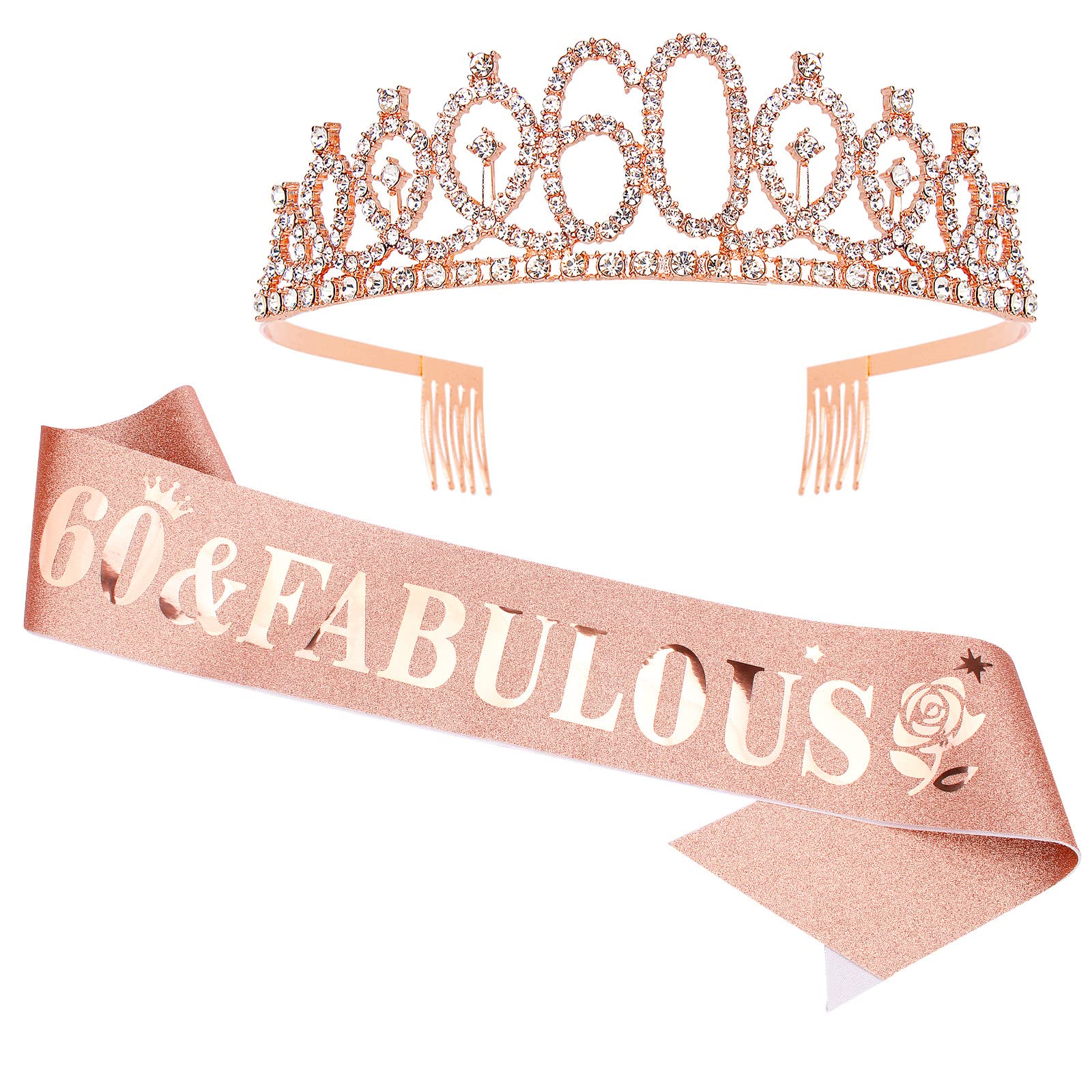 Casoty 60Th Birthday Sash And Tiara For Women, 60Th Birthday Decorations Women, Rose Gold 60Th Crown And ''60 & Fabulous'' Sash