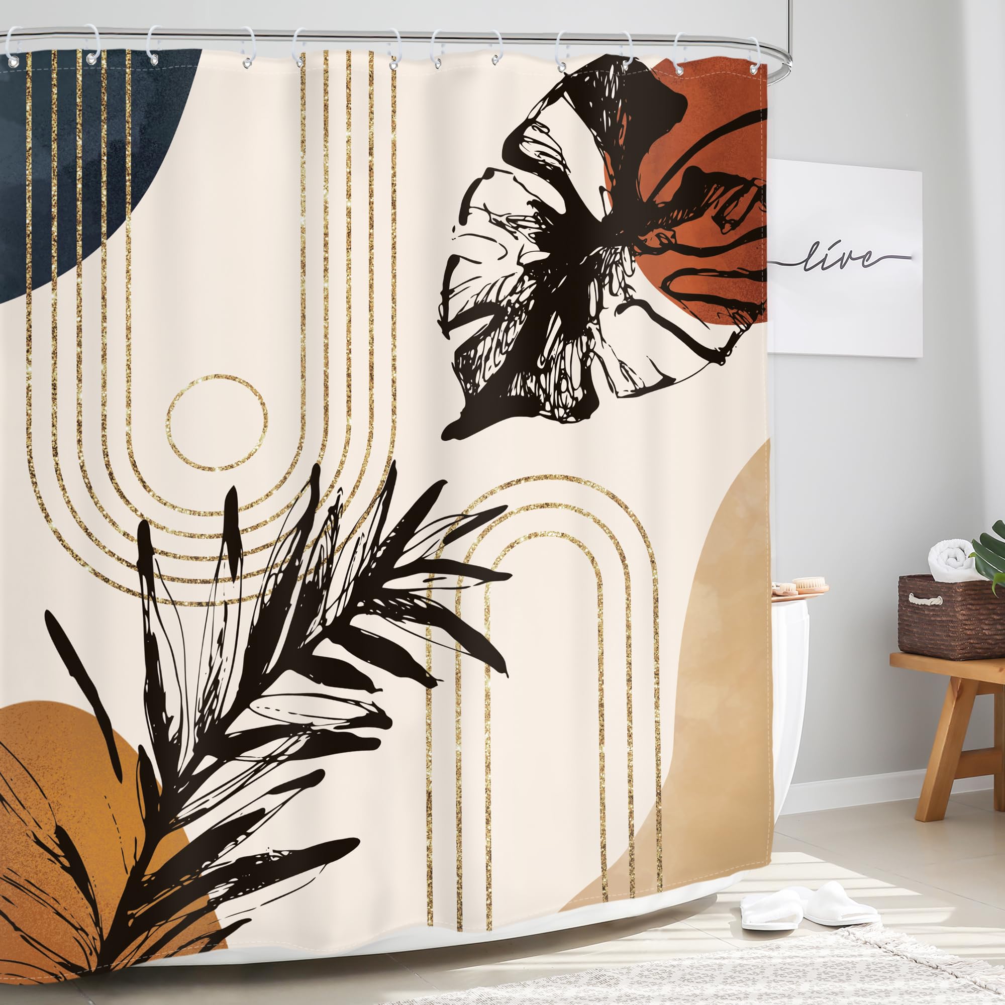 Glawry Abstract Tropical Shower Curtain Boho Watercolor Red Brown Palm Leaf Plant Botanical Bathroom Minimalist Bohemian Leaves