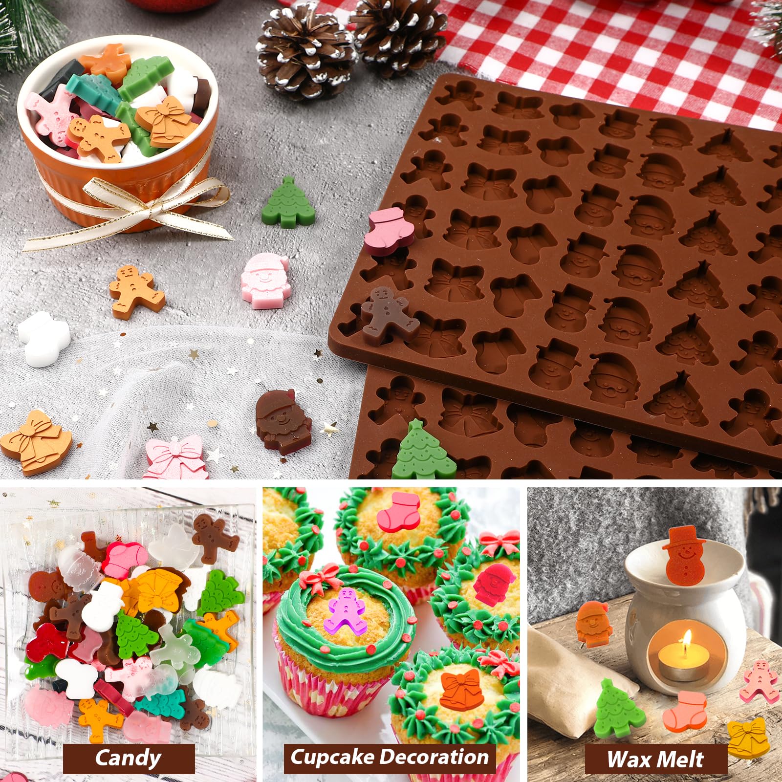 Webake Christmas Silicone Molds, 72-Cavity Mini Christmas Mold Shaped With Christmas Tree, Santa Claus, Gingerbread Man For Choc