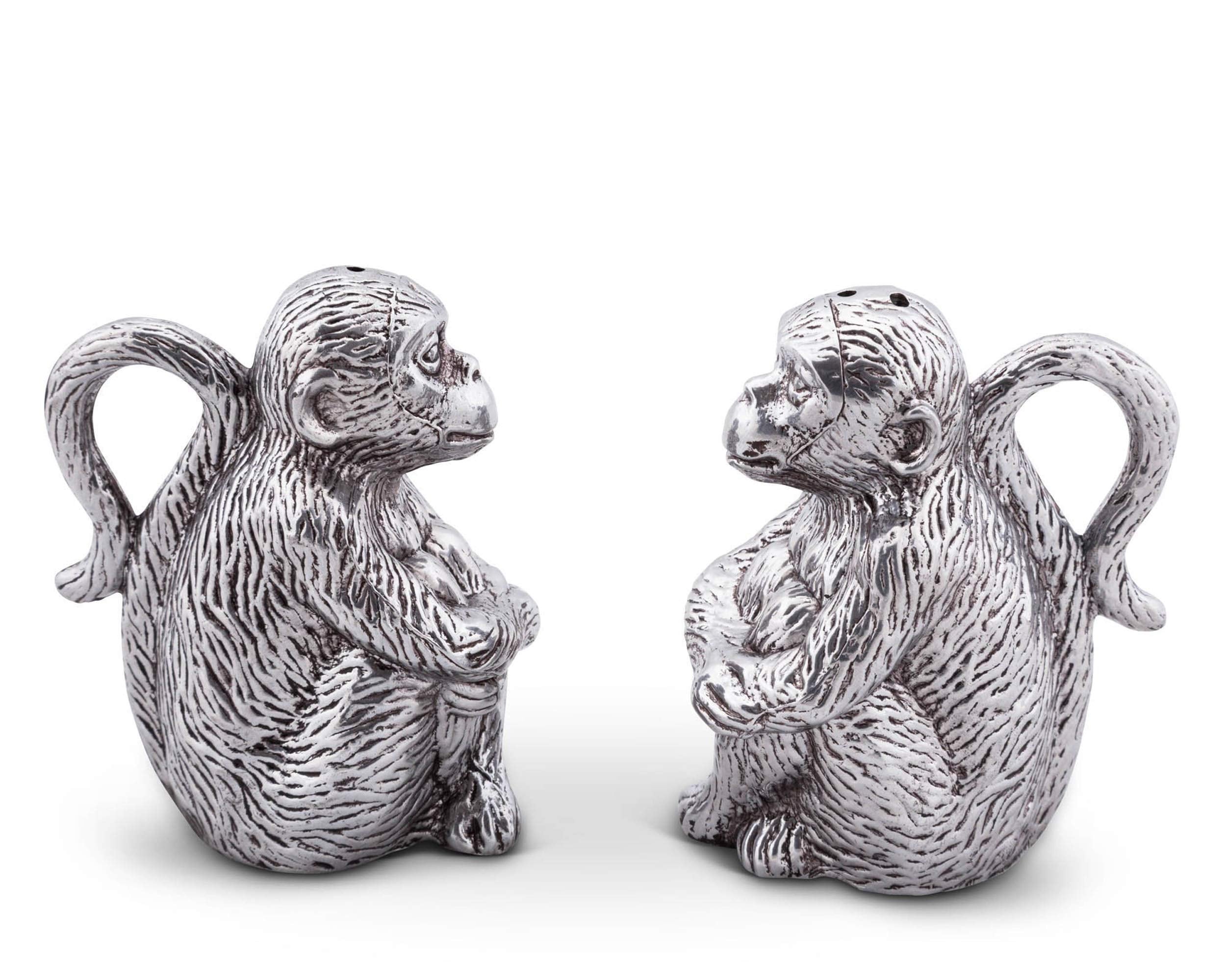Arthur Court Aluminum Monkey Salt And Pepper Shaker Set - Metal Refillable S/P Shaker 3.5 Inch Tall