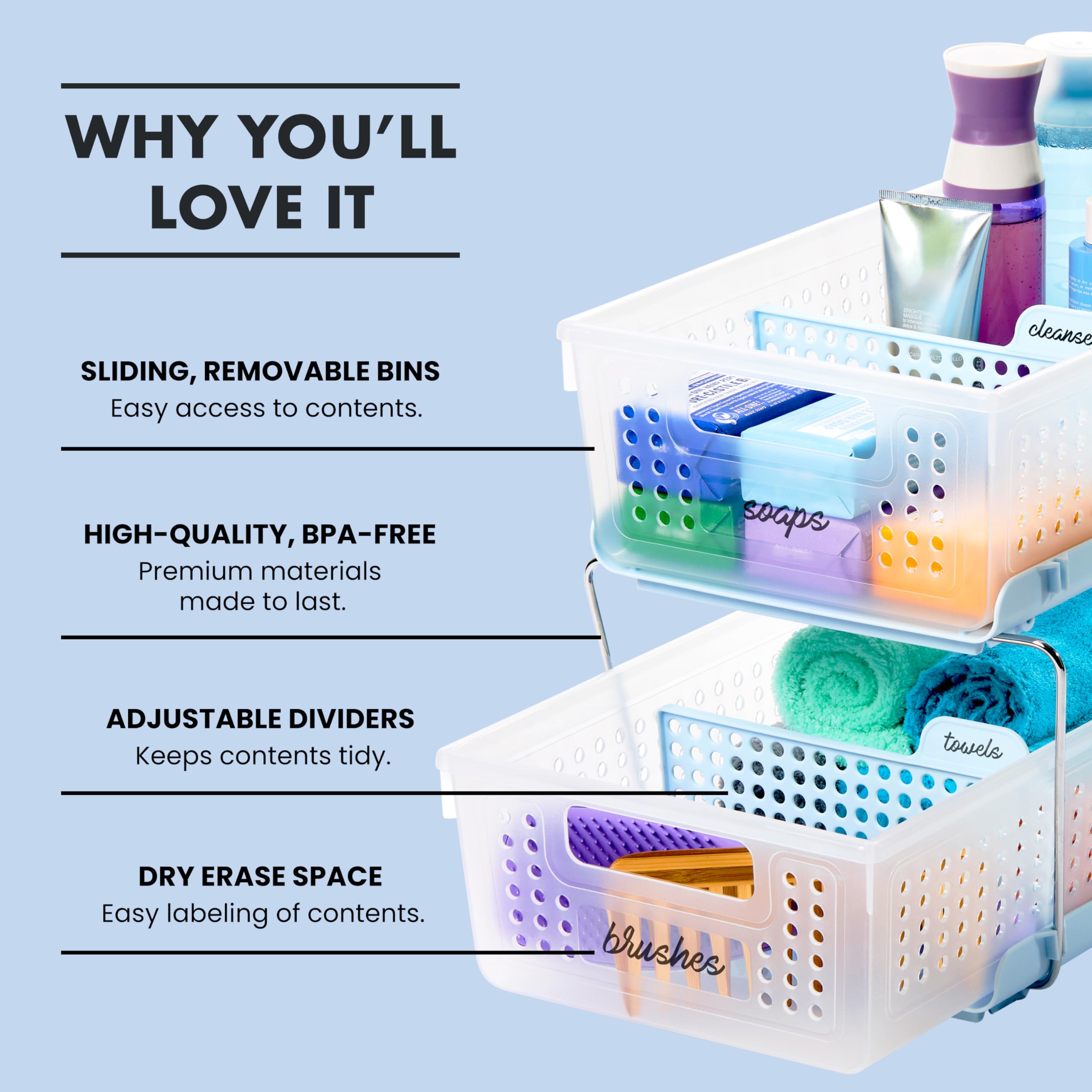 Madesmart 2-Tier Plastic Multipurpose Organizer With Divided Slide-Out Storage Bins, Under Sink And Cabinet Organizer Rack, Fros