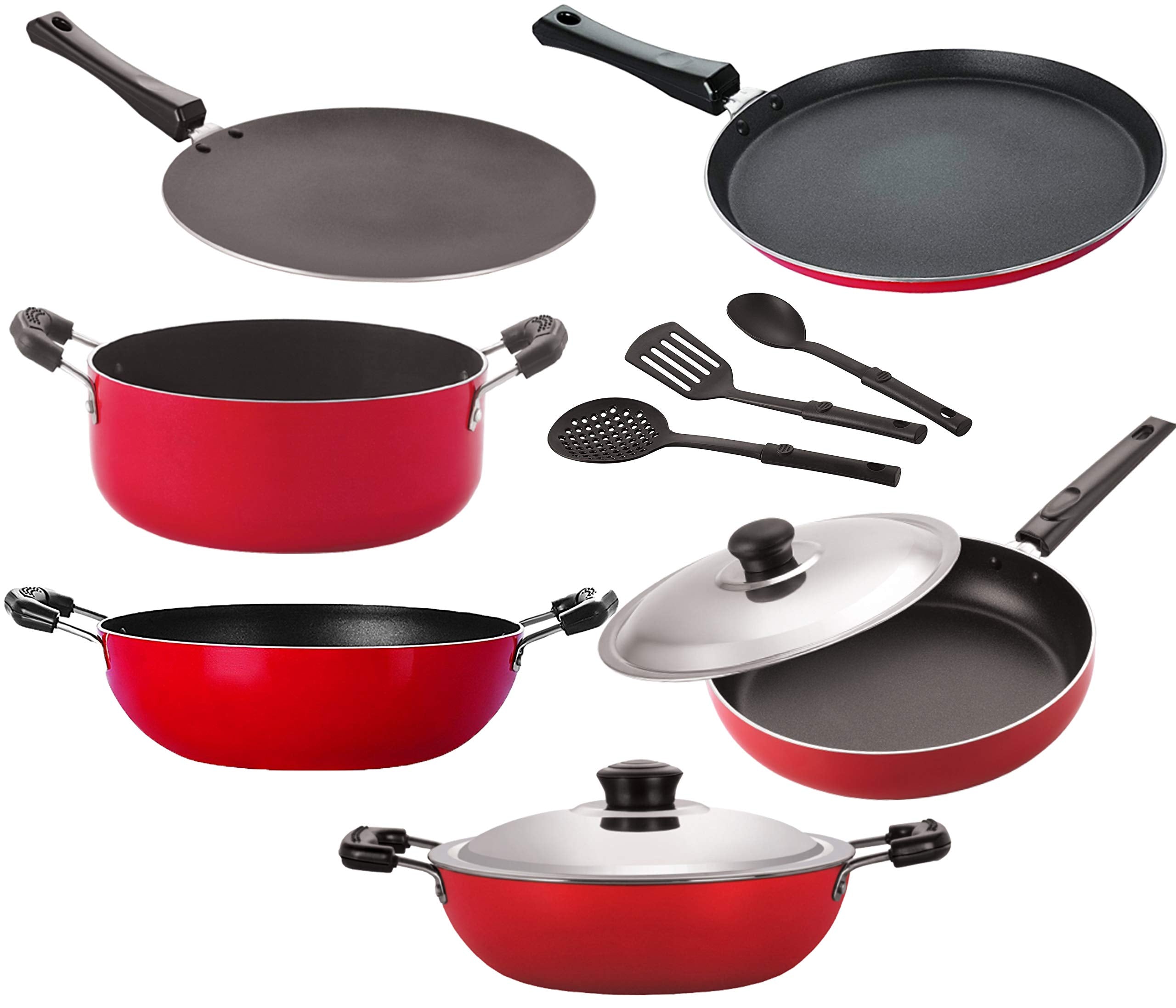 Nirlon Non Stick Combo Aluminium Cookware Concave Tawa/ 2 Kadhai/ Flat Tawa/ Casserole / Fry Pan With Stel Lid/3 Nylon Spoon  S