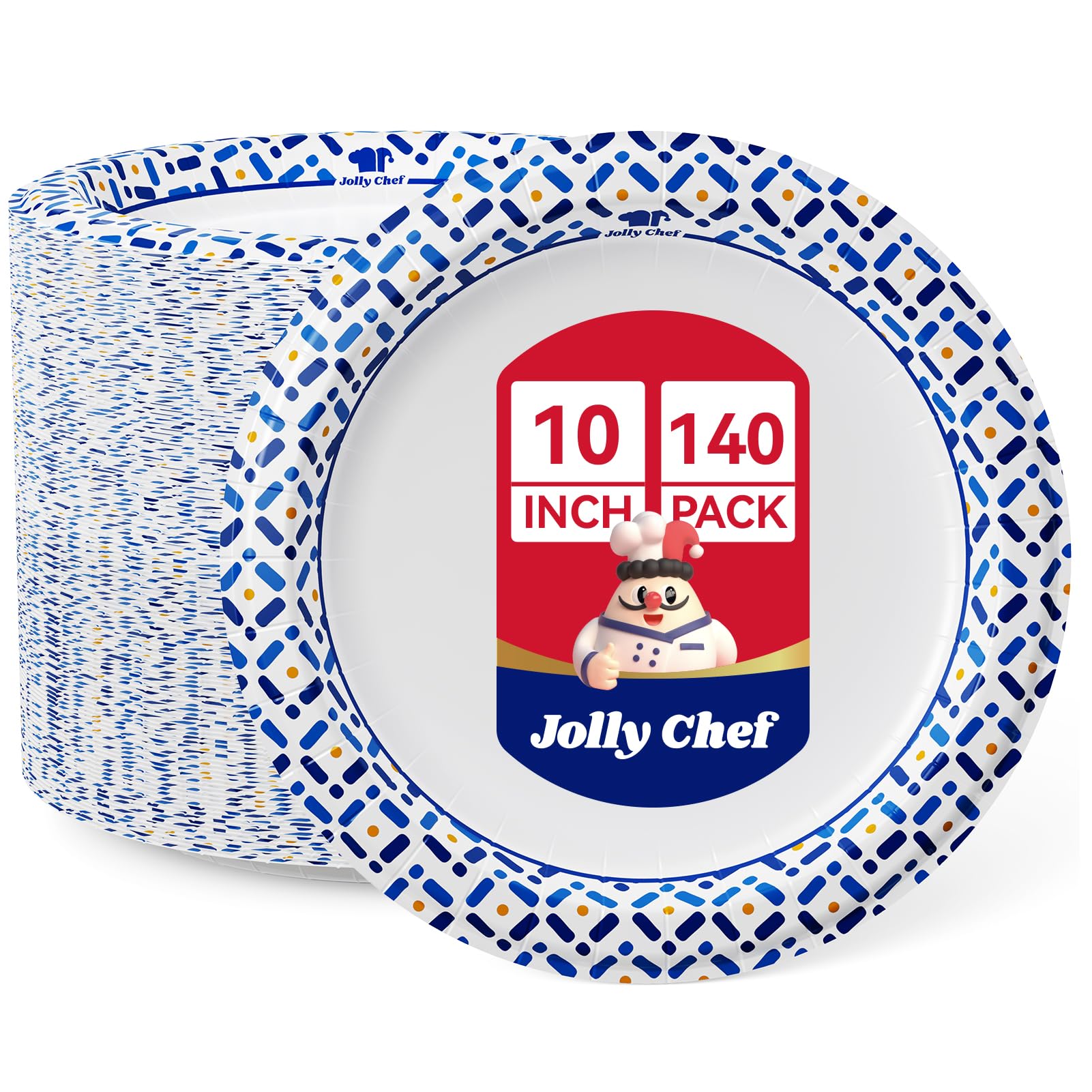 JOLLY CHEF 10 Inch Paper Plates 140 Count, Soak-Proof, Cut Proof, Disposable Heavy Duty Plates for Picnic, Family Gatherings, Pa