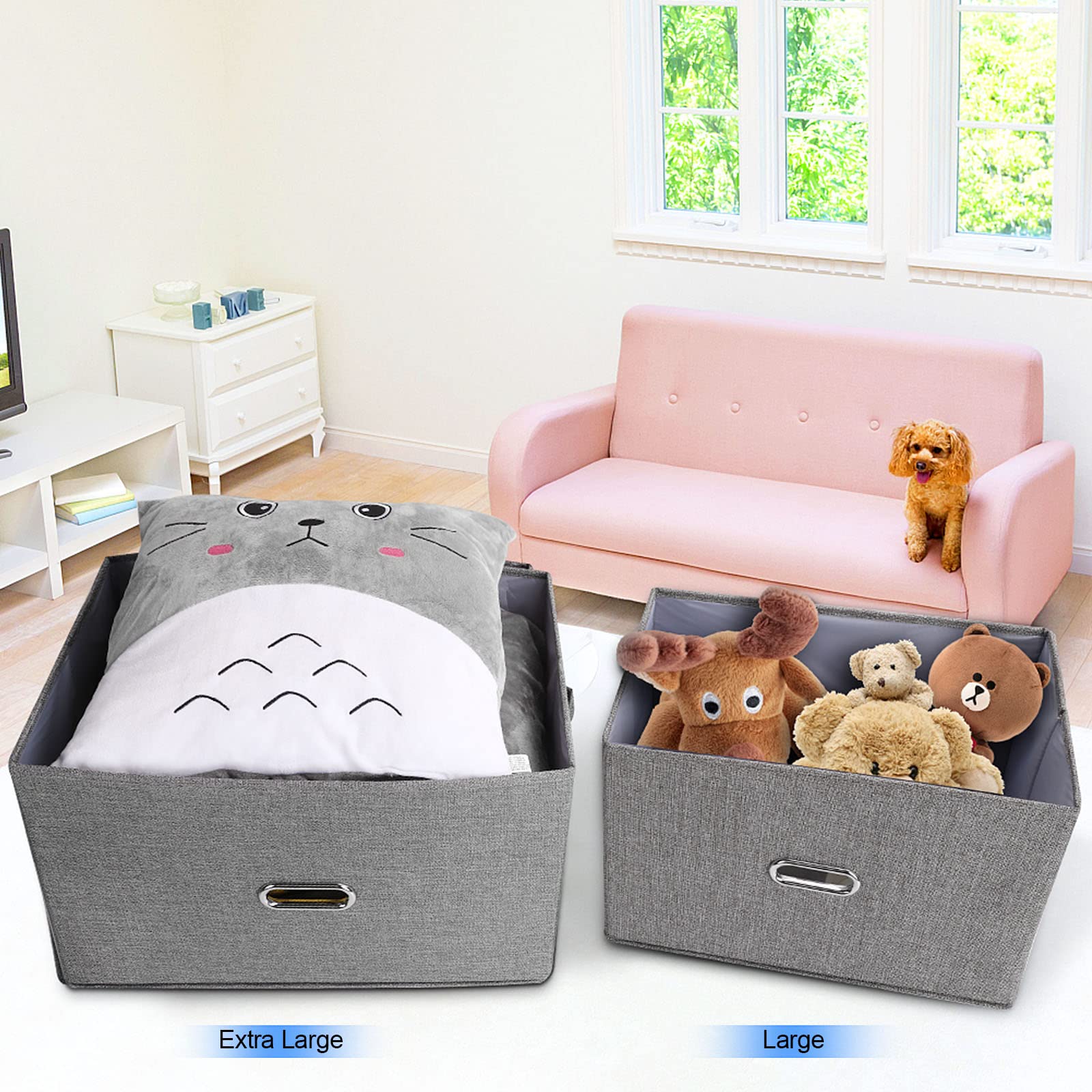Valease Large Linen Fabric Foldable Storage Bins With Removable Lid And Handles, Washable Storage Box Organizer Containers Baske