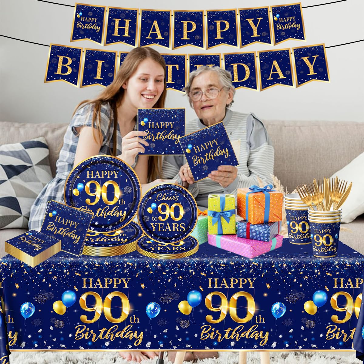 90Th Birthday Decoration Men-142Pcs Navy Blue And Gold Birthday Tableware Set(Serve For 20) Include Happy 90Th Birthday Banner P