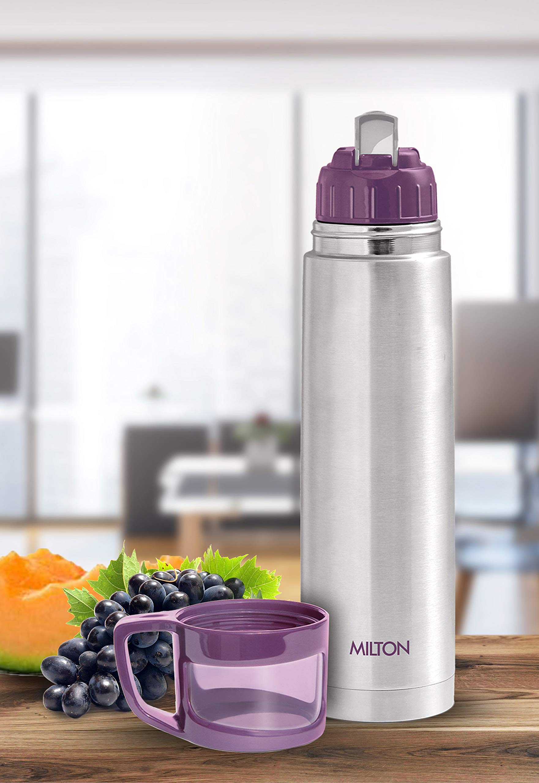 Milton Glassy 750 Thermosteel Vacuum Insulated Flask with Jacket 750 ml, Purple| 24 Hours Hot and Cold Water Bottle with Cup lid