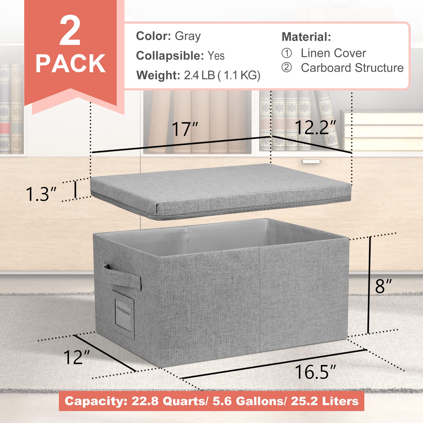 Graciadeco 22.8Qt Closet Storage Boxes With Lids Gray Folding Keepsake Storage Bins Stackable Flat Lidded Carboard Storage Conta