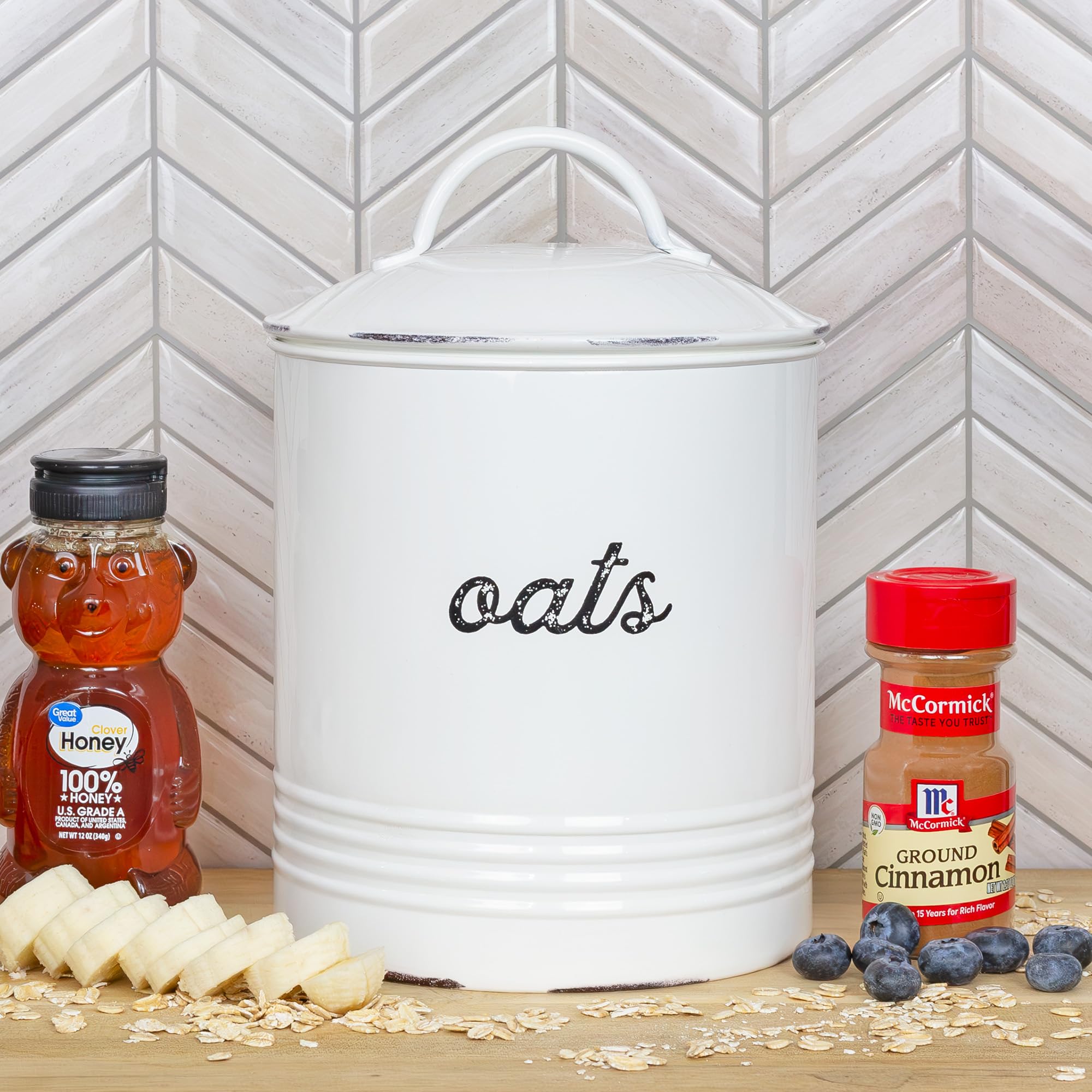 AuldHome Farmhouse Enamelware Oatmeal Canister (White); Rustic Distressed Style Oats Storage for Kitchen