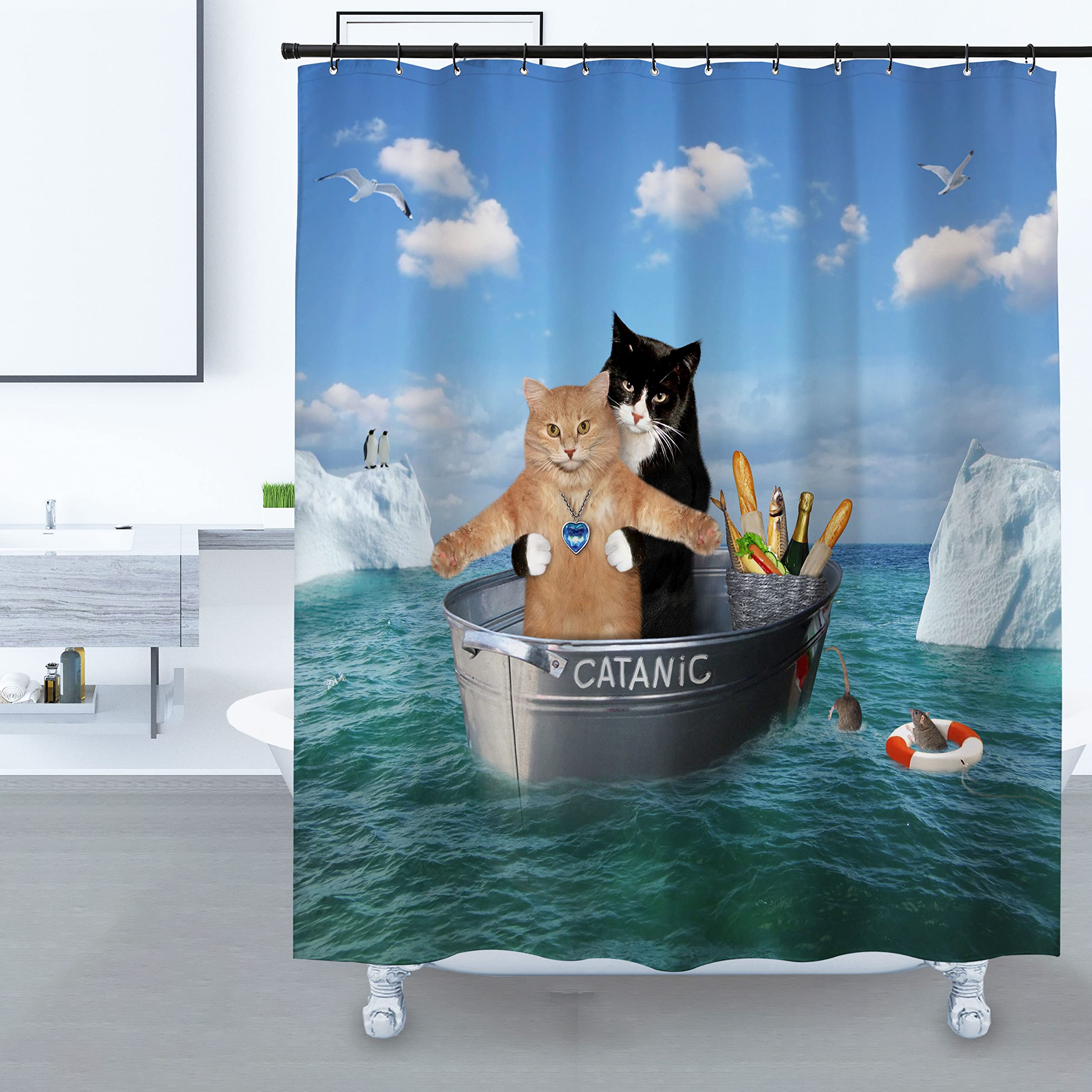 Domoku Cat Shower Curtain Funny Pet Kitten Couple Cosplay In Ocean Fun Cute Cat Bathroom Shower Curtains Polyster Fabric Waterpr