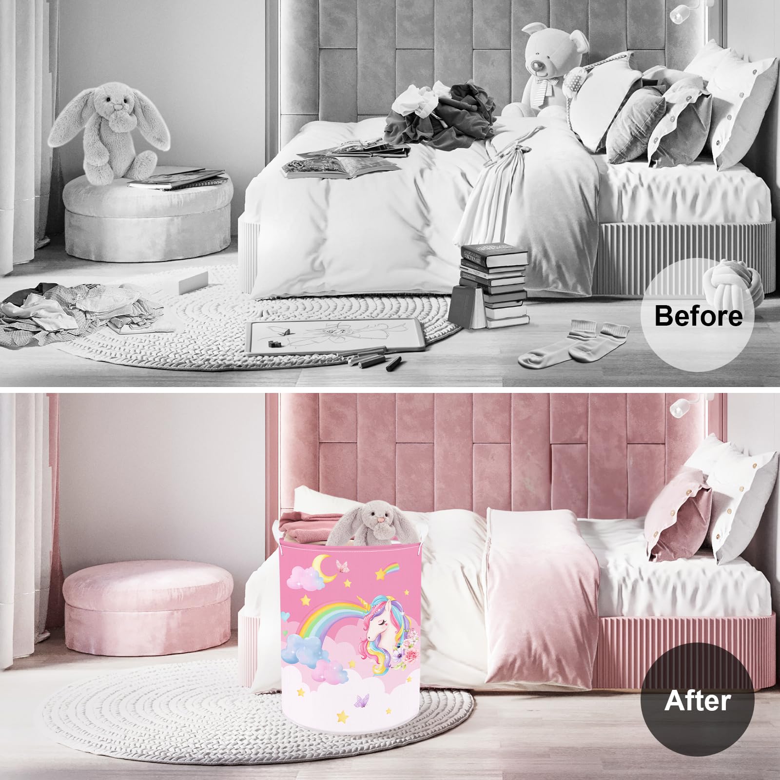 Clastyle 63L Unicorn Rainbow Collapsible Laundry Basket Large Pink Dirty Clothes Hamper For Girl Moon Star Flower Toy Storage Ba