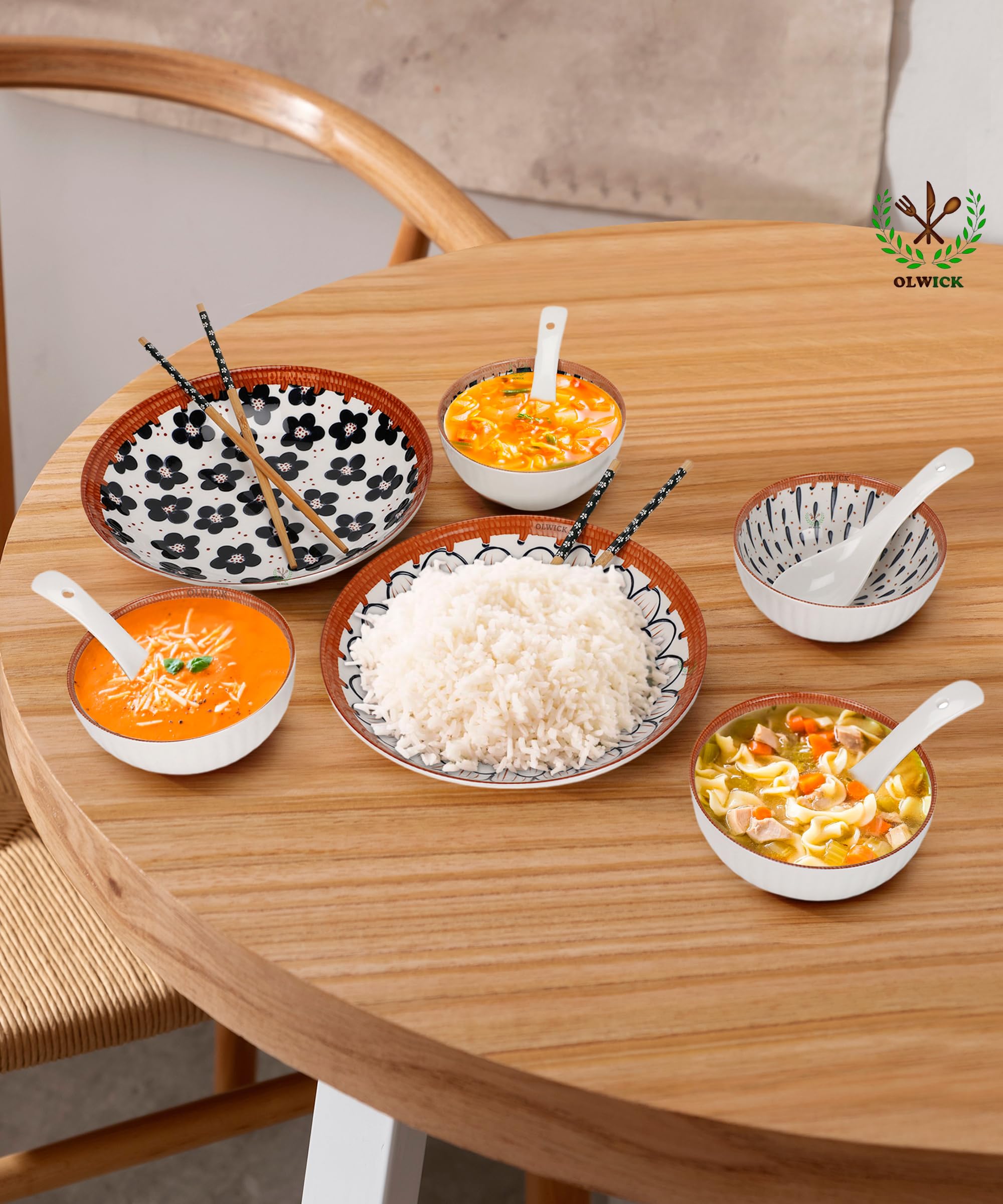 Olwick 6 Piece Ceramic Bowls And Plates Set For Cereal, Soup, Pasta, Oatmeal, Salad And Rice, Microwave And Dishwasher Safe, Bea