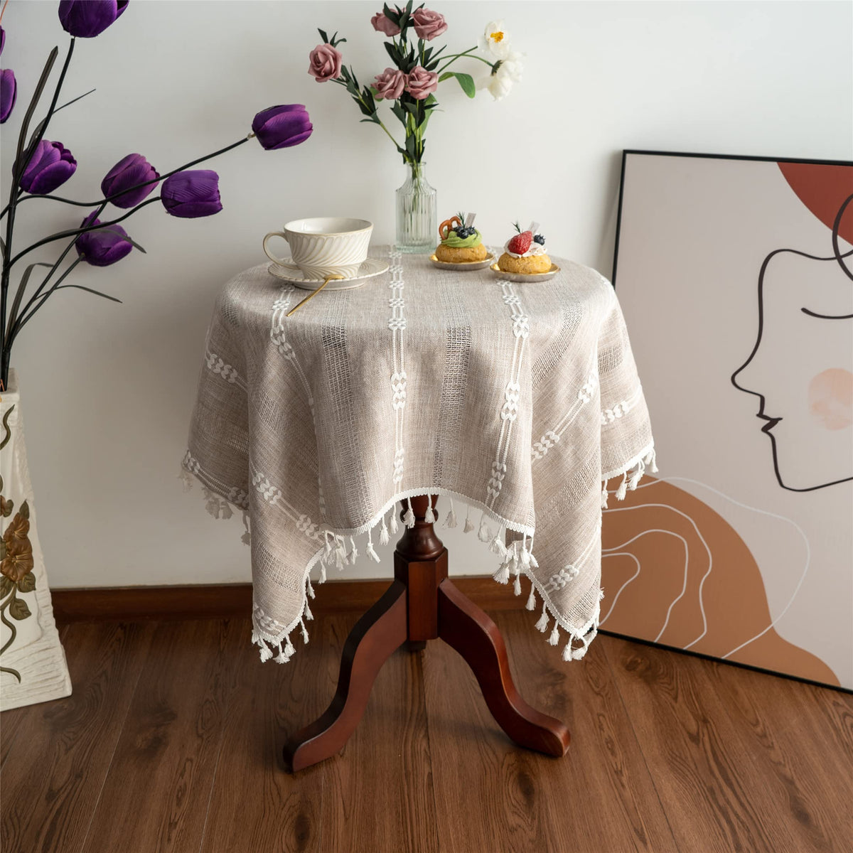 Gernaice Rustic Stripe Embroidered Tablecloth Heavy Small Square Tassel Cotton Linen Table Cloth Wrinkle Free Washable Table Cov