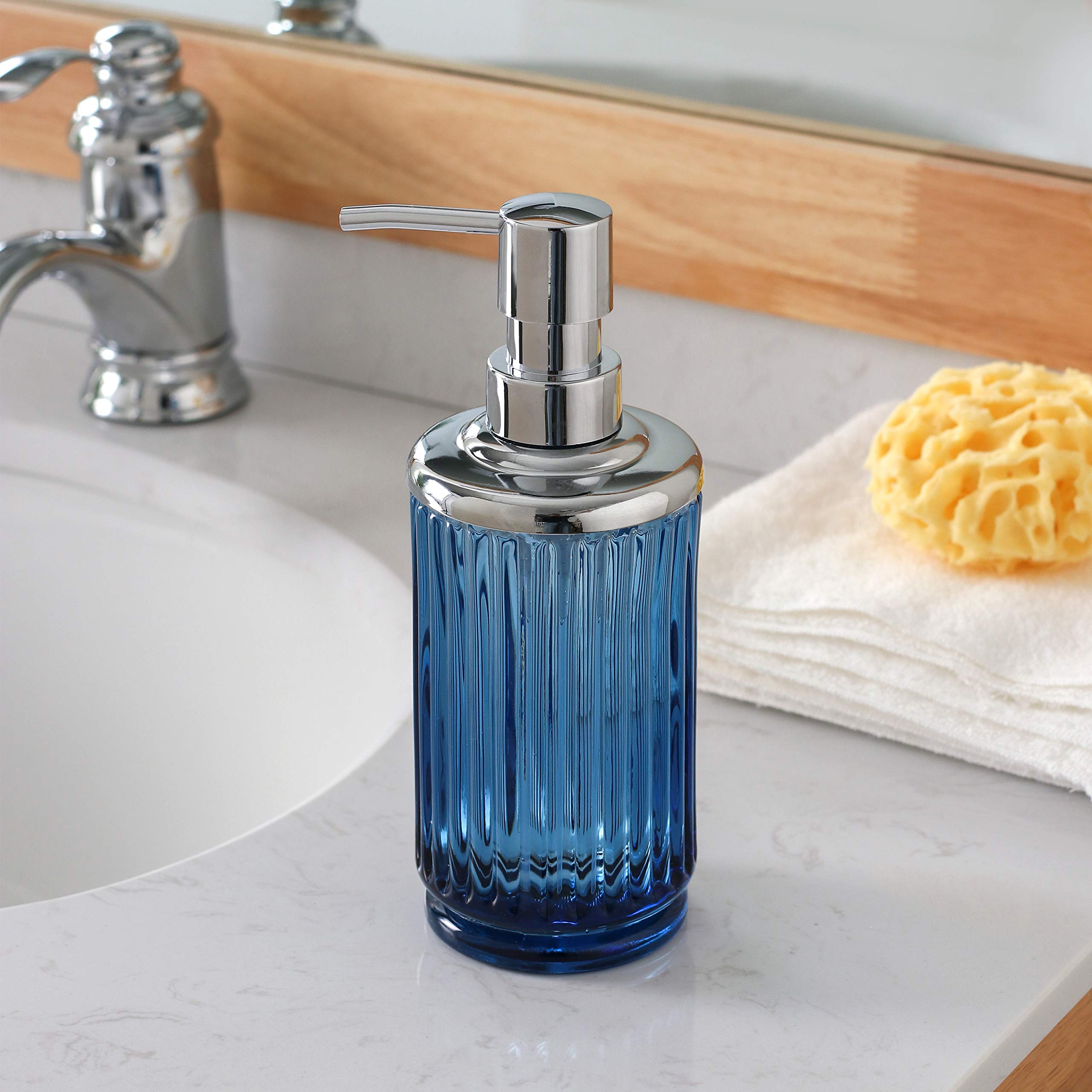4Pcs Heavy Weight Decent Blue Glass Bathroom Accessories Set With Decorative Pressed Pattern - Includes Hand Soap Dispenser & Tu