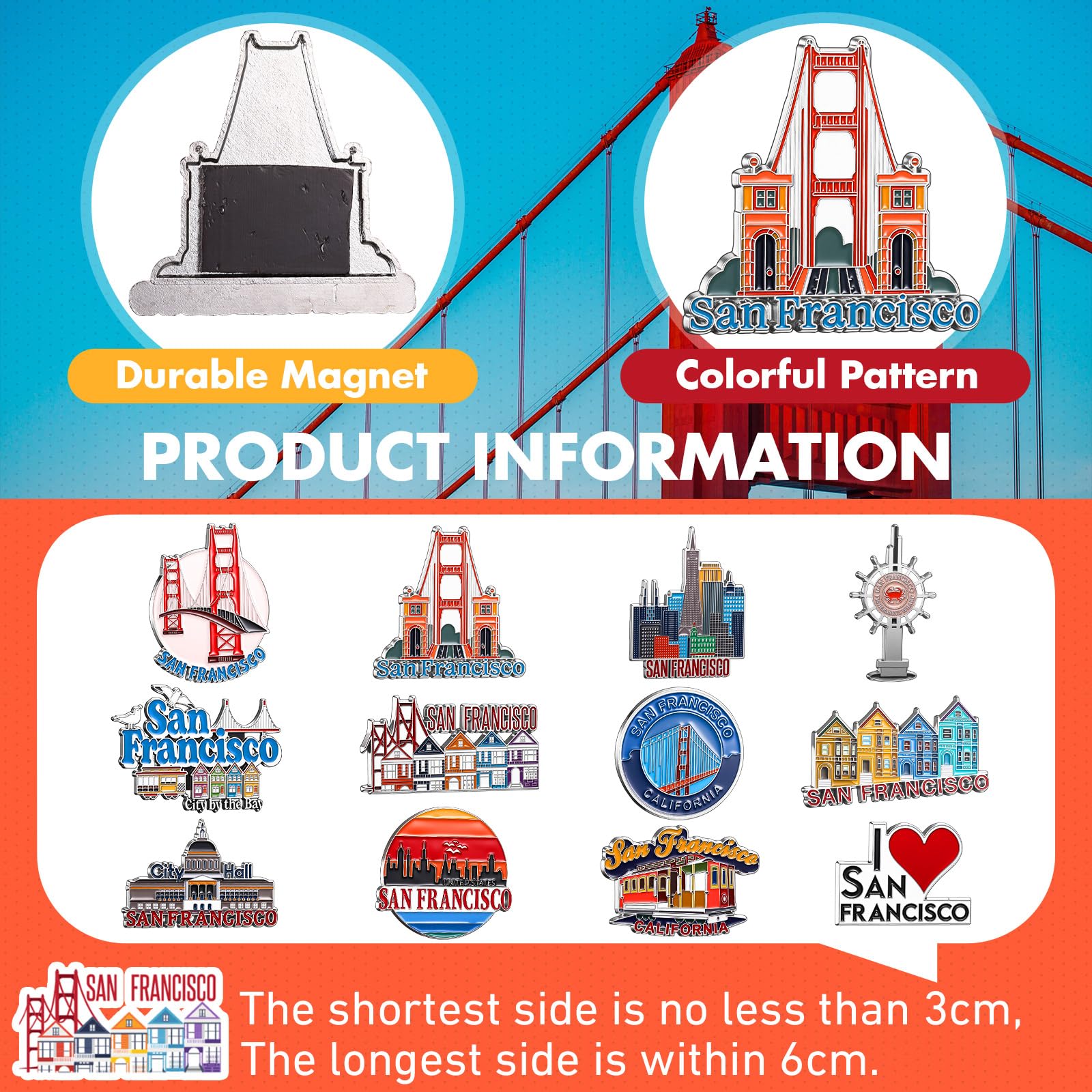 Konohan 12 Pcs San Francisco Magnets for Refrigerator Metal USA Fridge Magnet Magnetic San Francisco Souvenirs Gifts USA City Ma