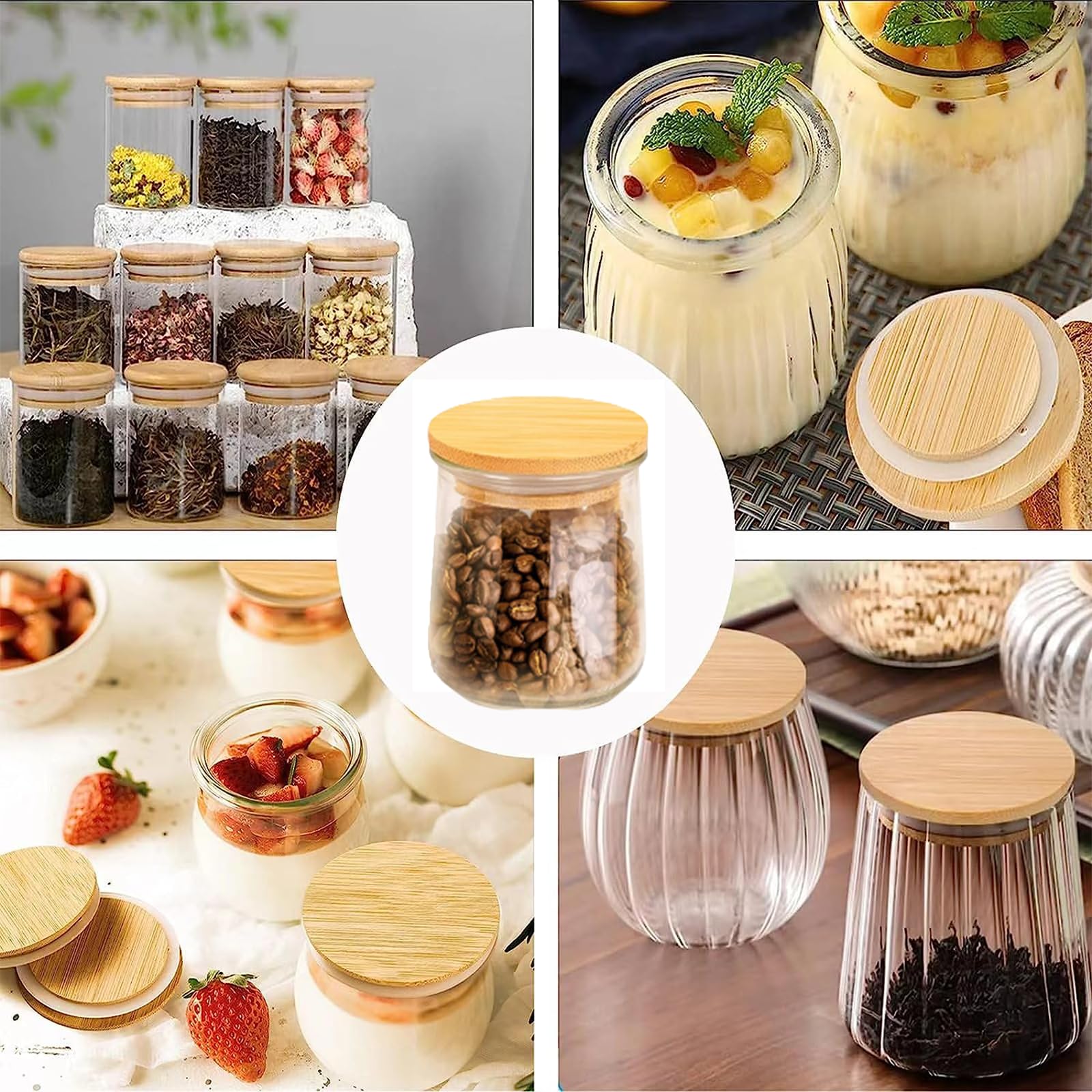 Fanshuge Oui Yogurt Jar Lids - 8PCS Reusable Silicone Lids for 5oz Jars, Bamboo Material, Airtight Seal