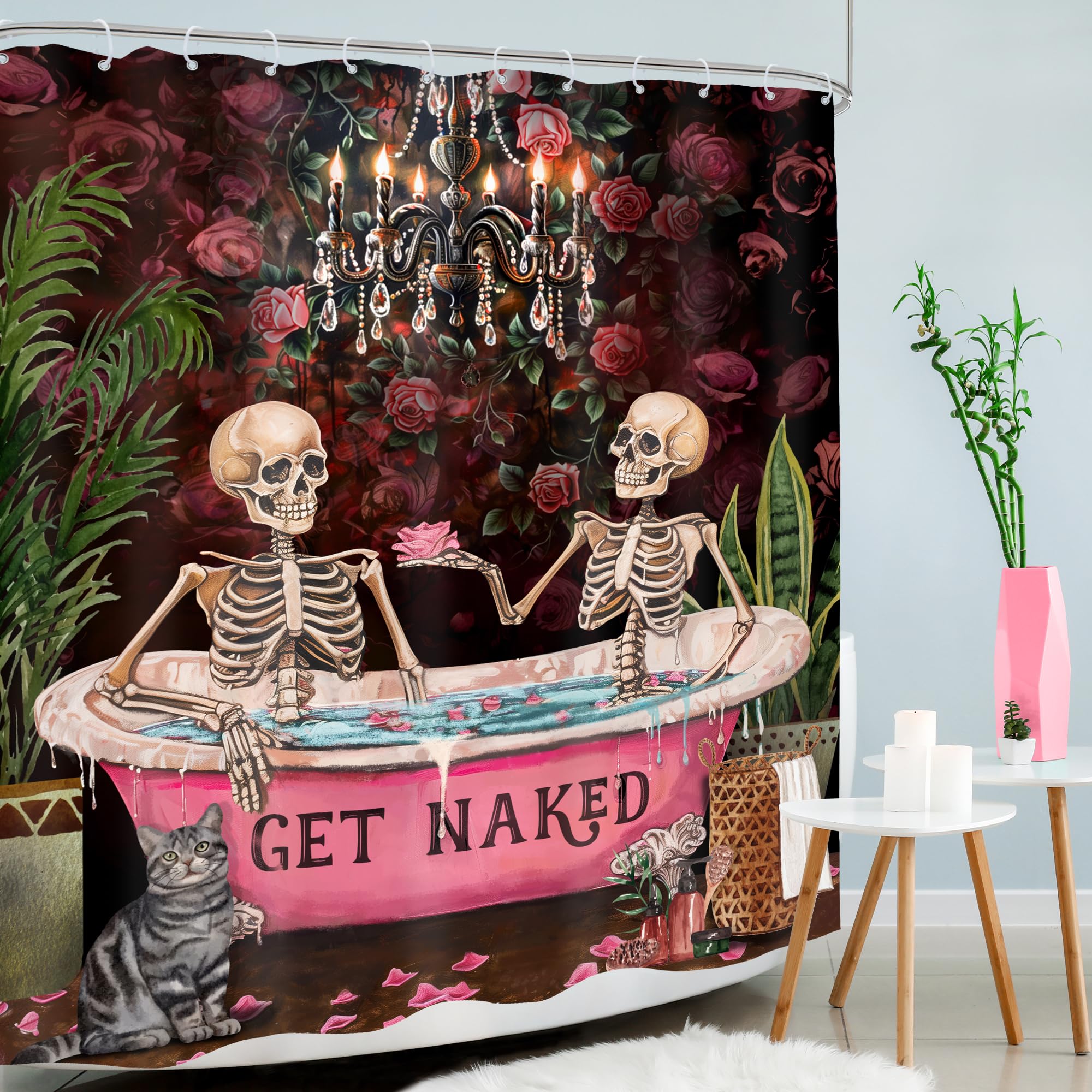 Mitpok Gothic Skull Skeleton Shower Curtain 72Wx72H Vintage Spooky Funny Black Rose Bone In Bathtub Retro Floral Flower Plant Ba