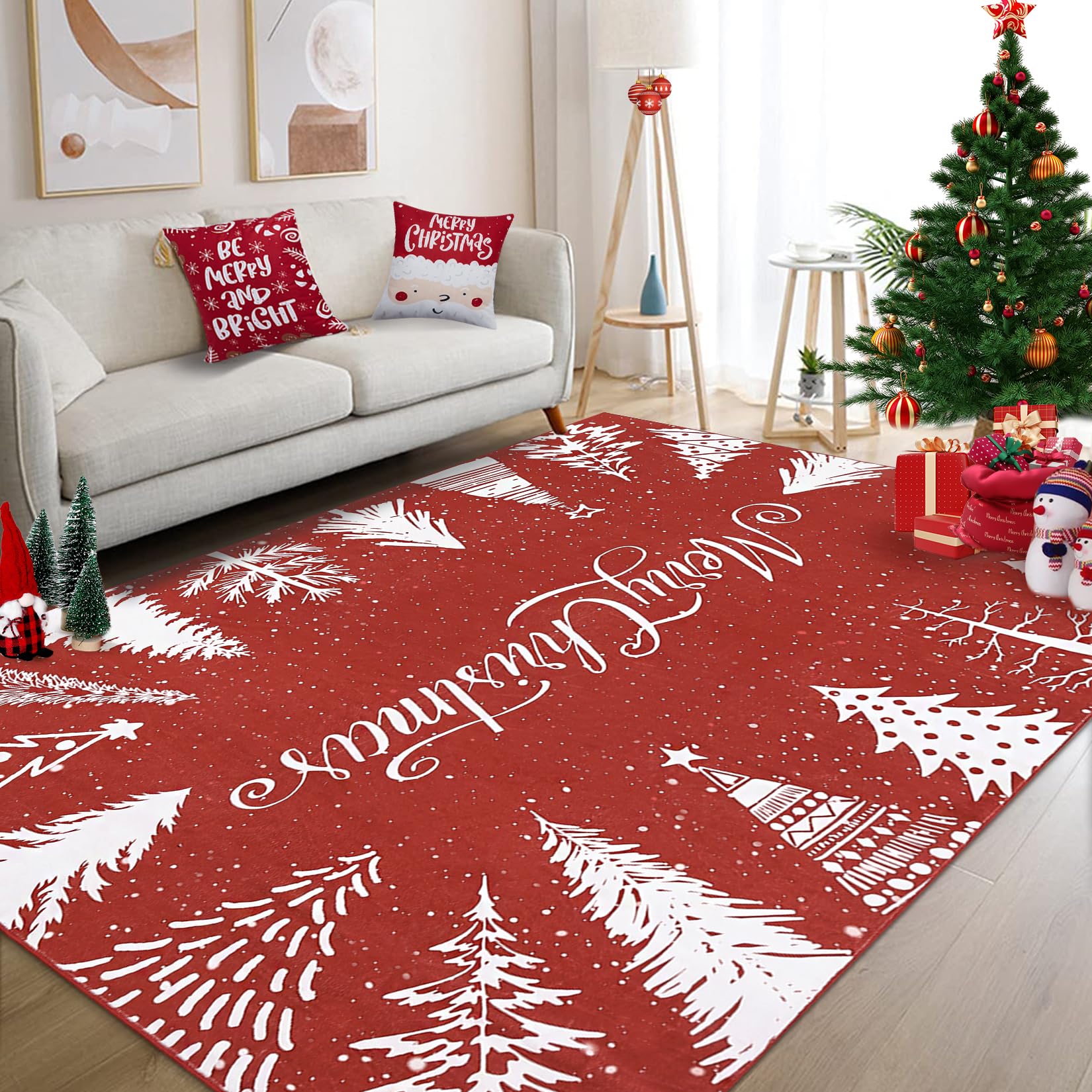 GarveeHome Large Christmas Area Rug 9x12 ft Merry Chrismas Xmas Tree Rug Soft Washable Decorative Holiday Floor Carpet, Low Pile