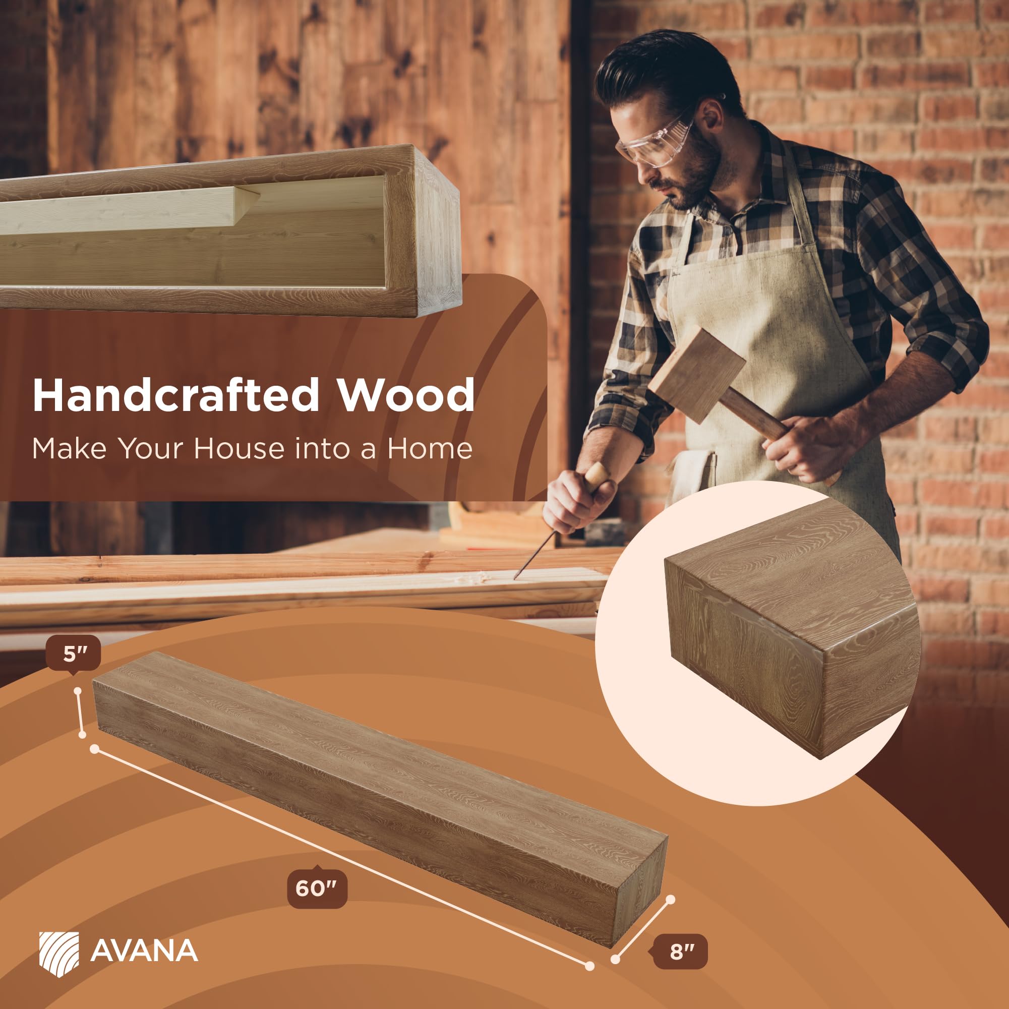 Avana Rustic Fireplace Mantle Shelf 60 Inches - Handcrafted Wood Mantles For Over Fireplace - Wall Mounted Farmhouse Fireplace M