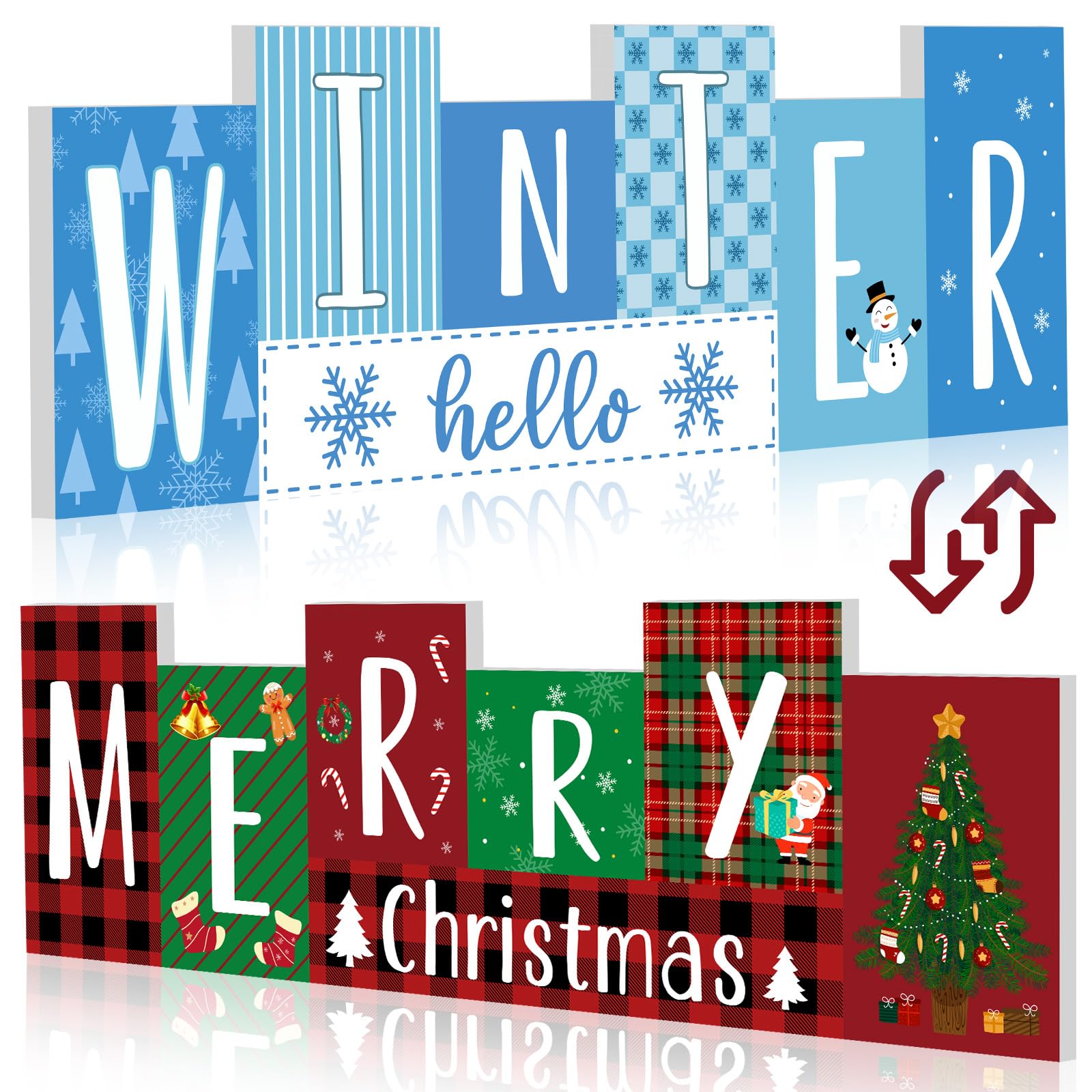 Purpeak Reversible Christmas Wooden Table Sign Double Side Table Centerpieces Xmas Tabletop Sign Merry Christmas Hello Winter Wo