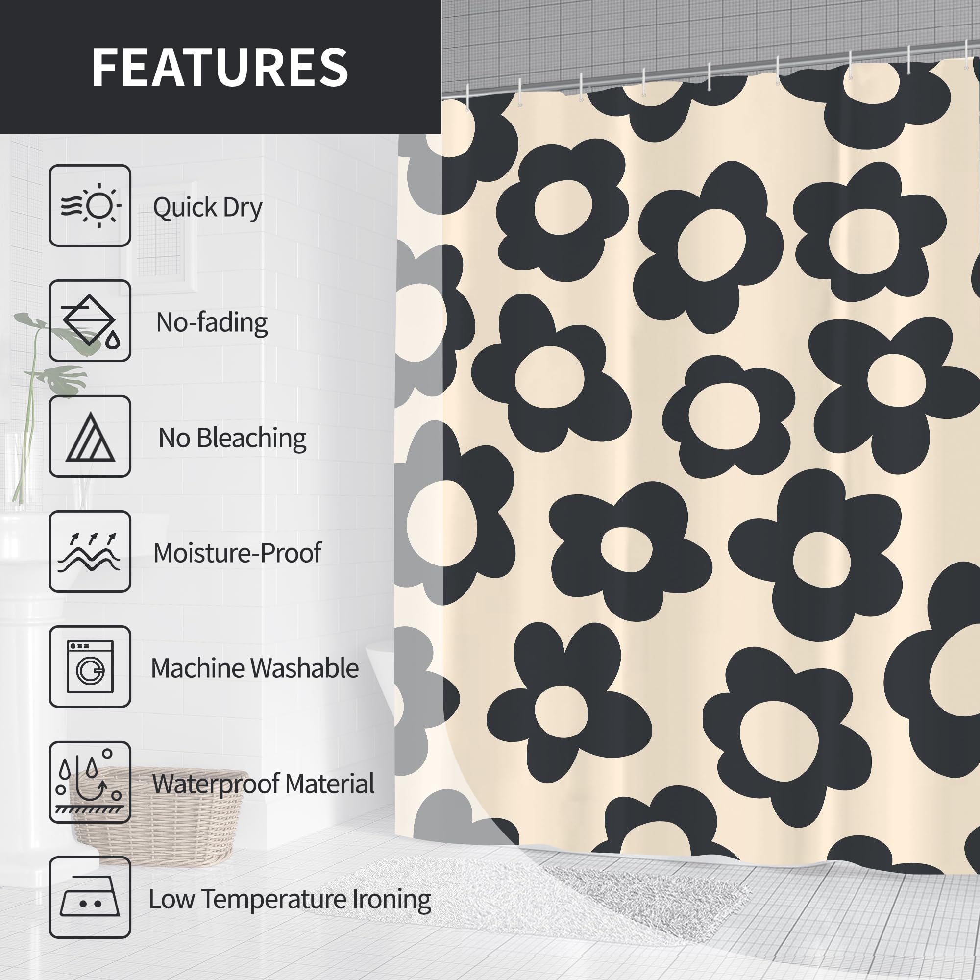 Visioun Black Cute Retro Floral Abstract Flower Shower Curtain For Bathroom 72W*72H Inch 70S Lovely Vintage Aesthetic Funky Bath