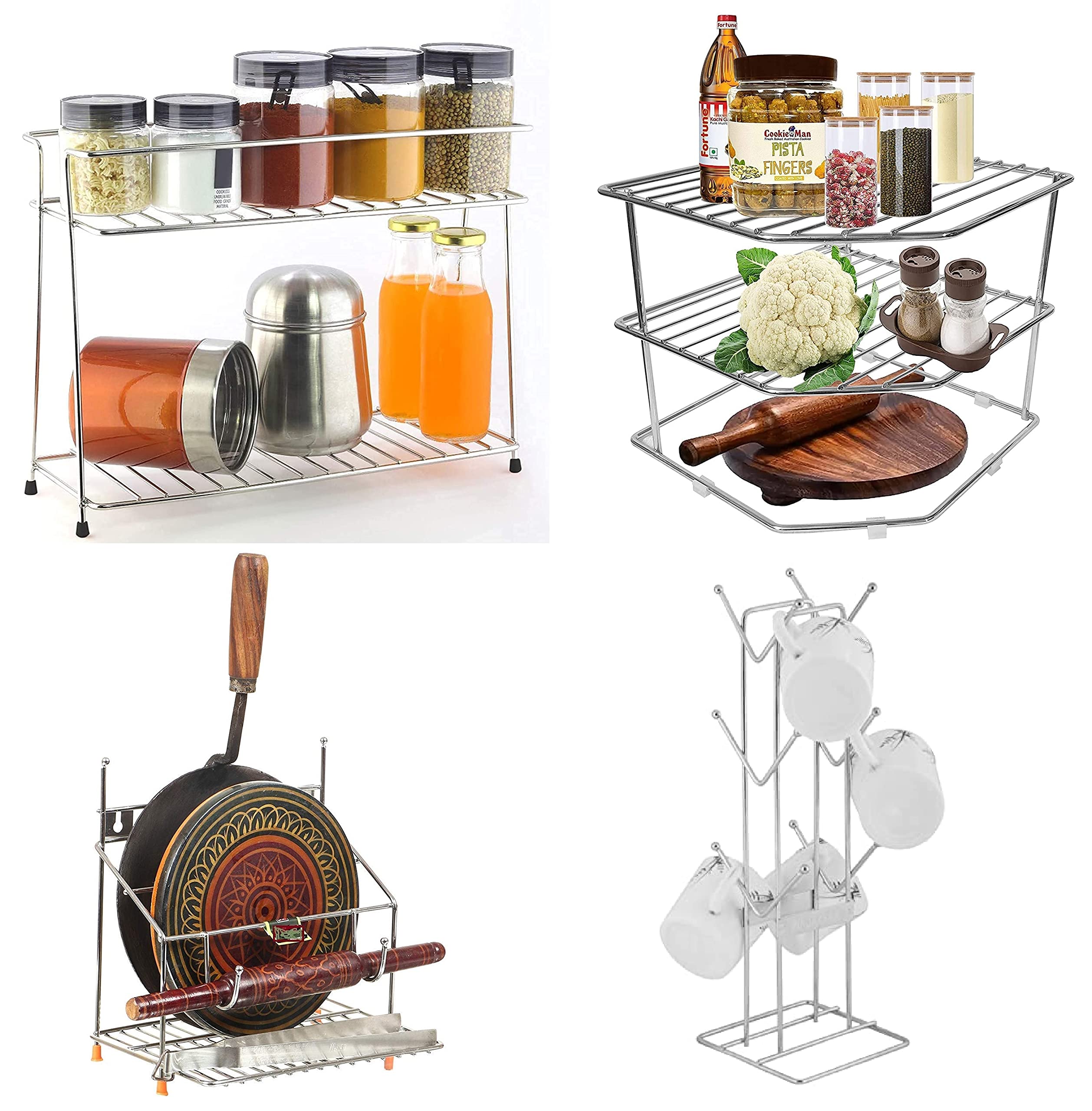 12For Collection Stainless Steel Kitchen Rack Set4, Silver, Wall Mount, Easy Mount, 4 Shelves, Hanging Shelf, Kitchen Storage, 