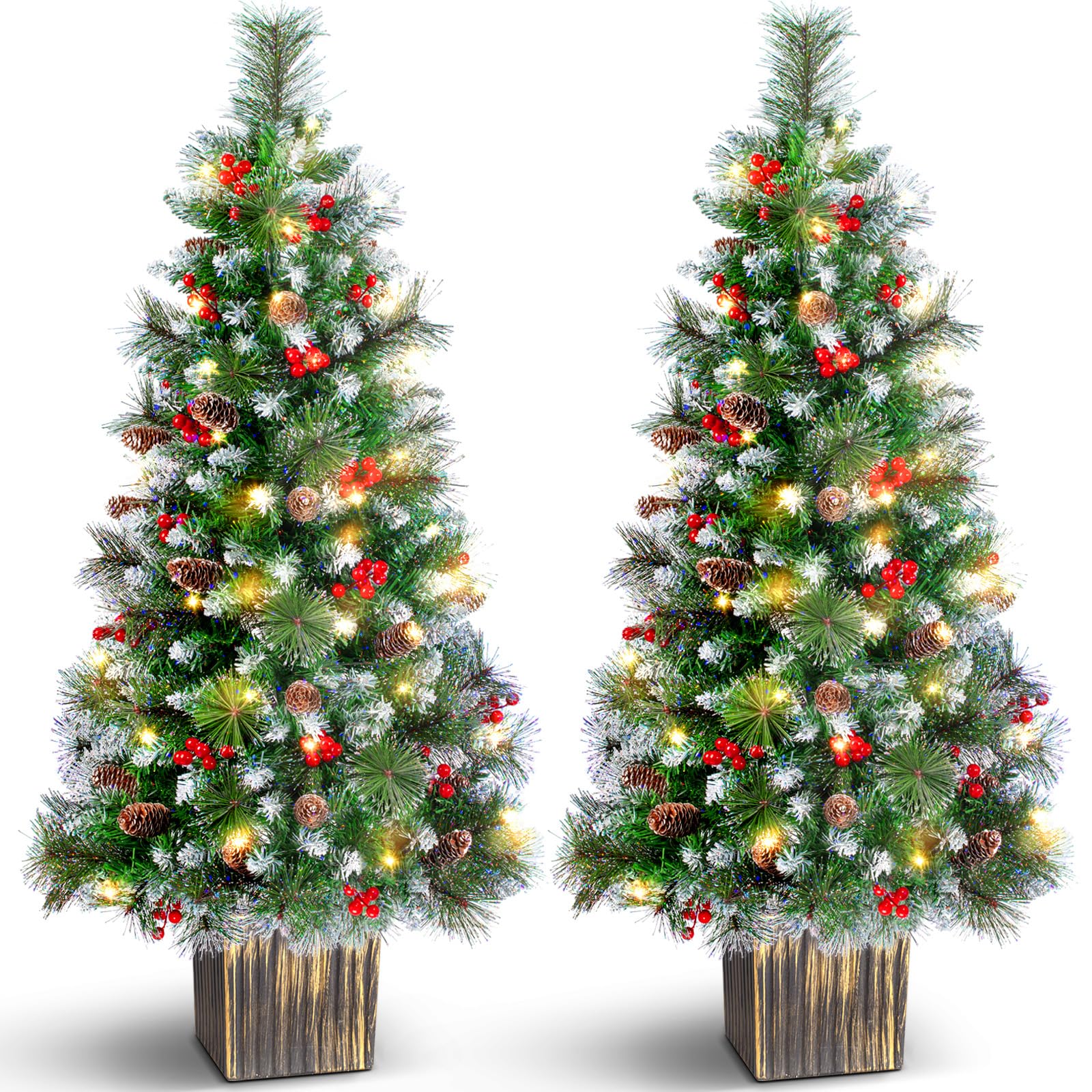 LAVEVE 4FT Outdoor Christmas Tree with Lights in Vintage Potted Base, Battery Operated Xmas Tree with Snow-Touched Branches, 100