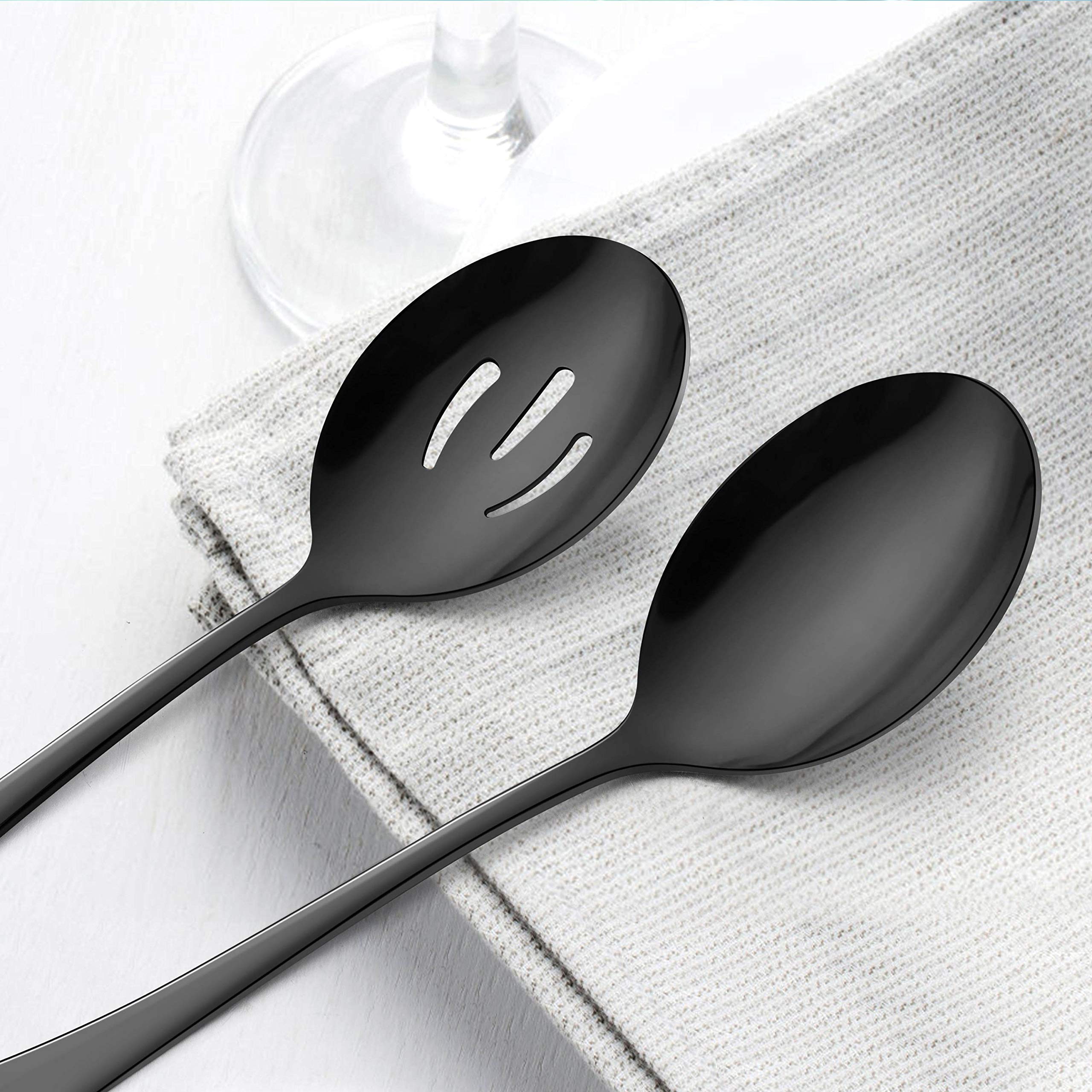Lianyu 5-Piece Black Serving Utensils Set, Stainless Steel Serving Set Include Serving Spoon Fork, Flatware Serving Pieces For B