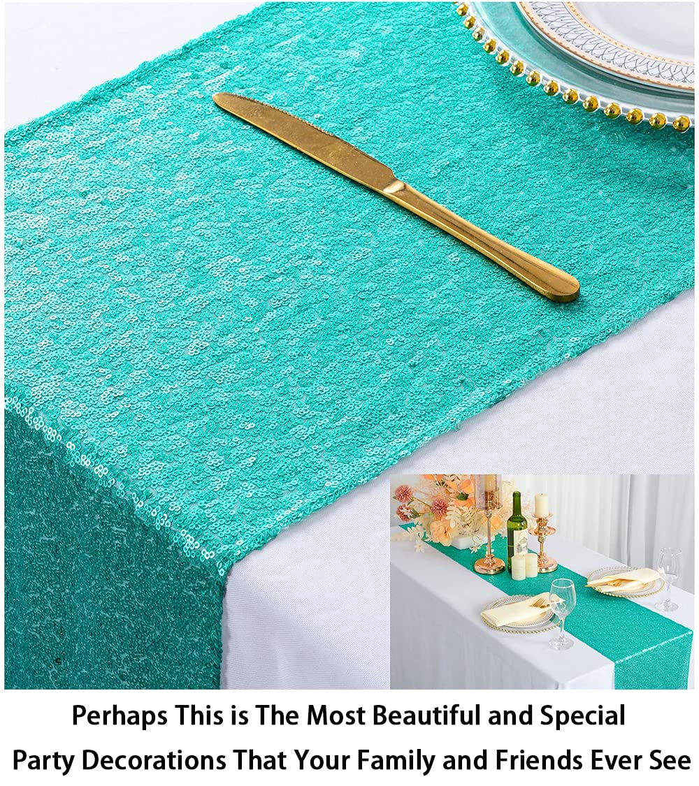 Shinybeauty 12X108-Inch Sequin Table Runner Teal 1 Piece Table Runner Wedding Halloween Party Decorations Sequin Runners For Tab