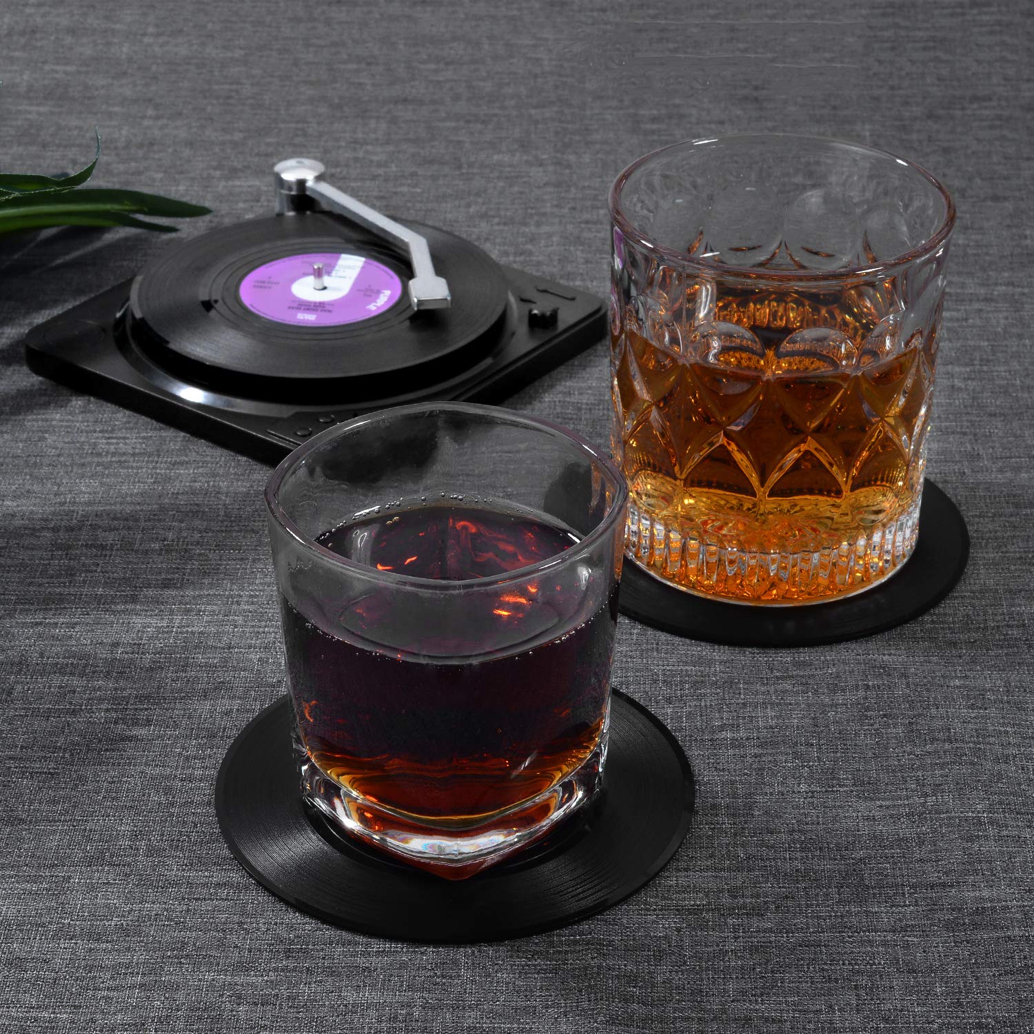 MECOWON Music Coasters with Vinyl Record Player Holder  Set of 6 Drink Coasters for Music Lovers