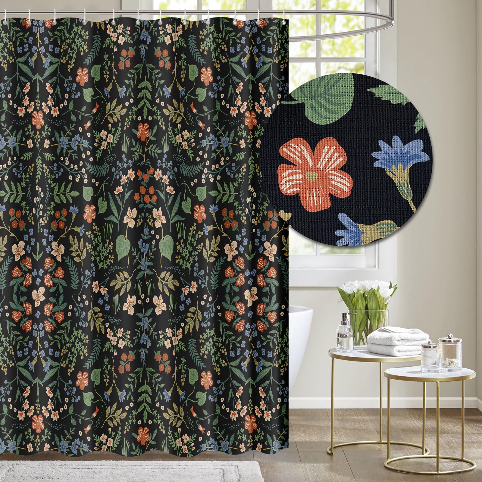 Tititex Boho Rustic Floral Black Shower Curtain, Vintage Watercolor Leaves With Flowers Bathroom Decoration Shower Curtain Sets