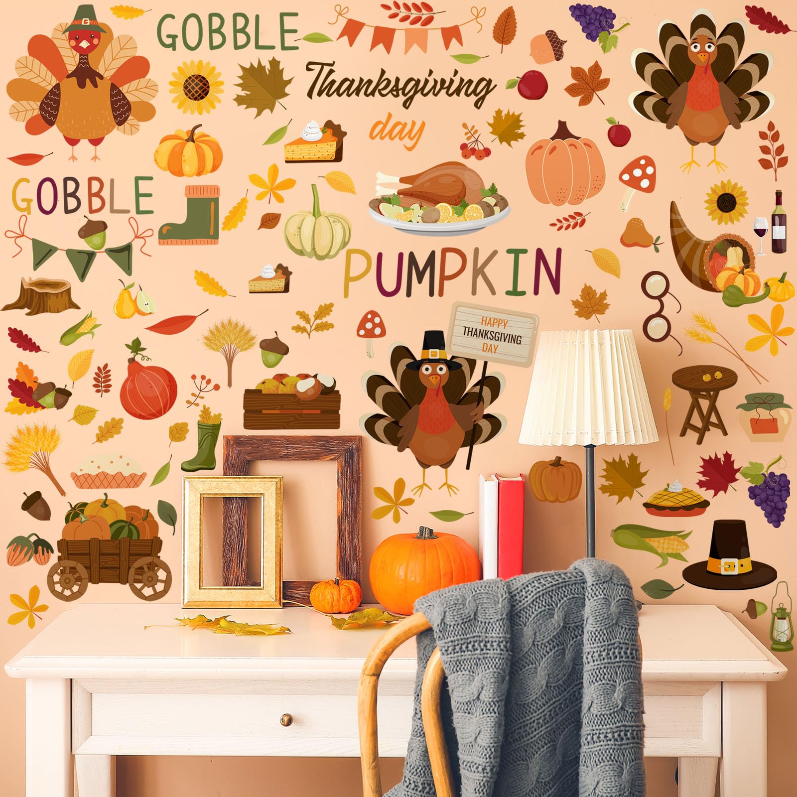 115 Pcs 6 Sheets Thanksgiving Wall Decals Fall Wall Stickers Thanksgiving Maple Leaves Turkey Pumpkin Stickers Fall Window Cling