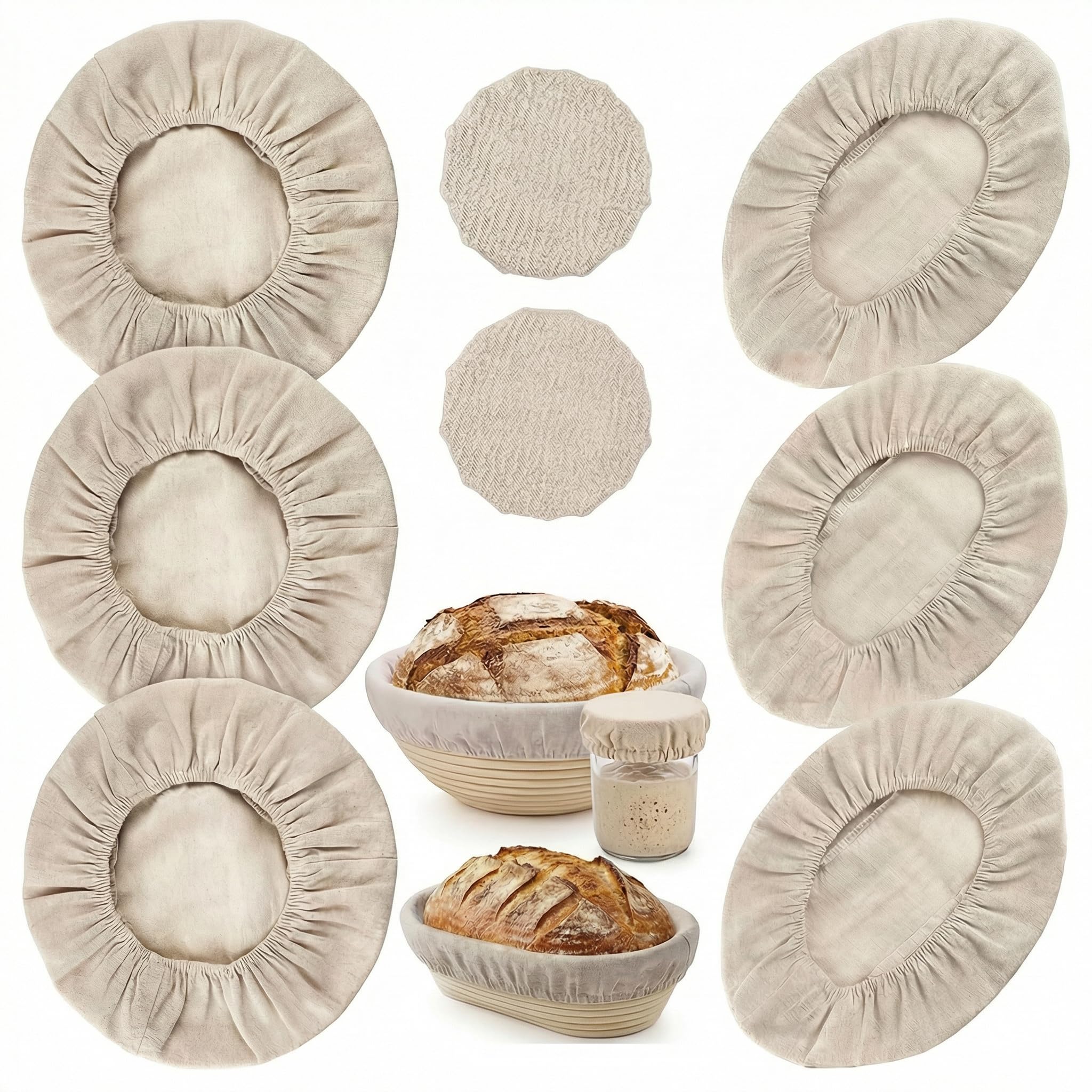 BEABOO 8 PCS Bread Proofing Basket Cloth Liner (3 Round & 3 Oval) & 2 Sourdough Starter Jar Covers, 10 Inch Banneton Basket Cove