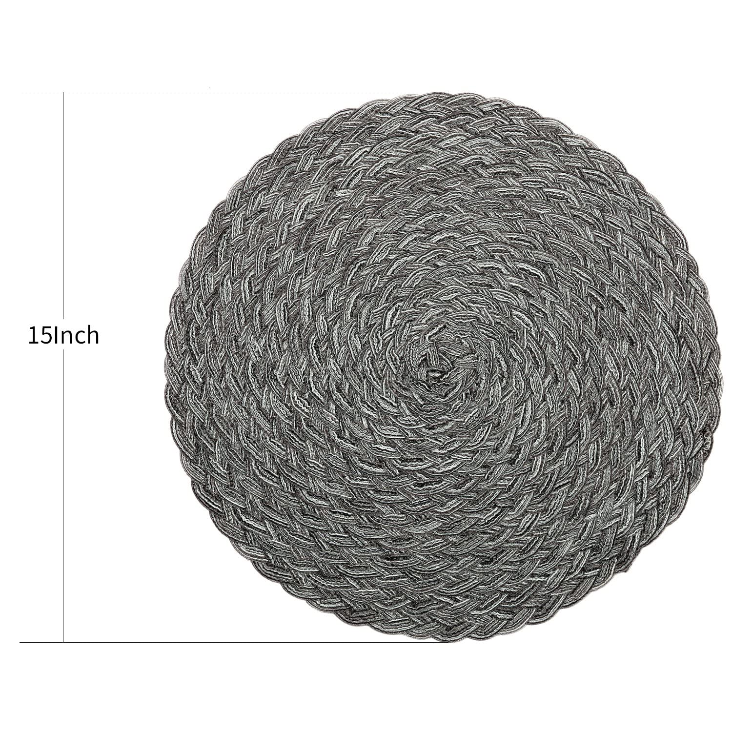 Topotdor Round Placemats Heat-Resistant Stain Resistant Anti-Skid Washable Polyproplene Table Mats Placemats (Set of 6  Braided-Gray)
