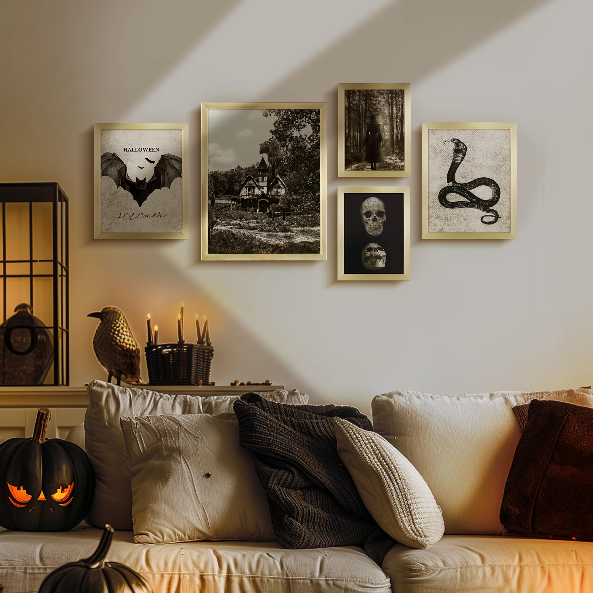 Artbyhannah Framed Vintage Halloween Wall Art, Dark Academia Gothic Gallery Wall Decor, Halloween Decor With Skull Bat, Haunted