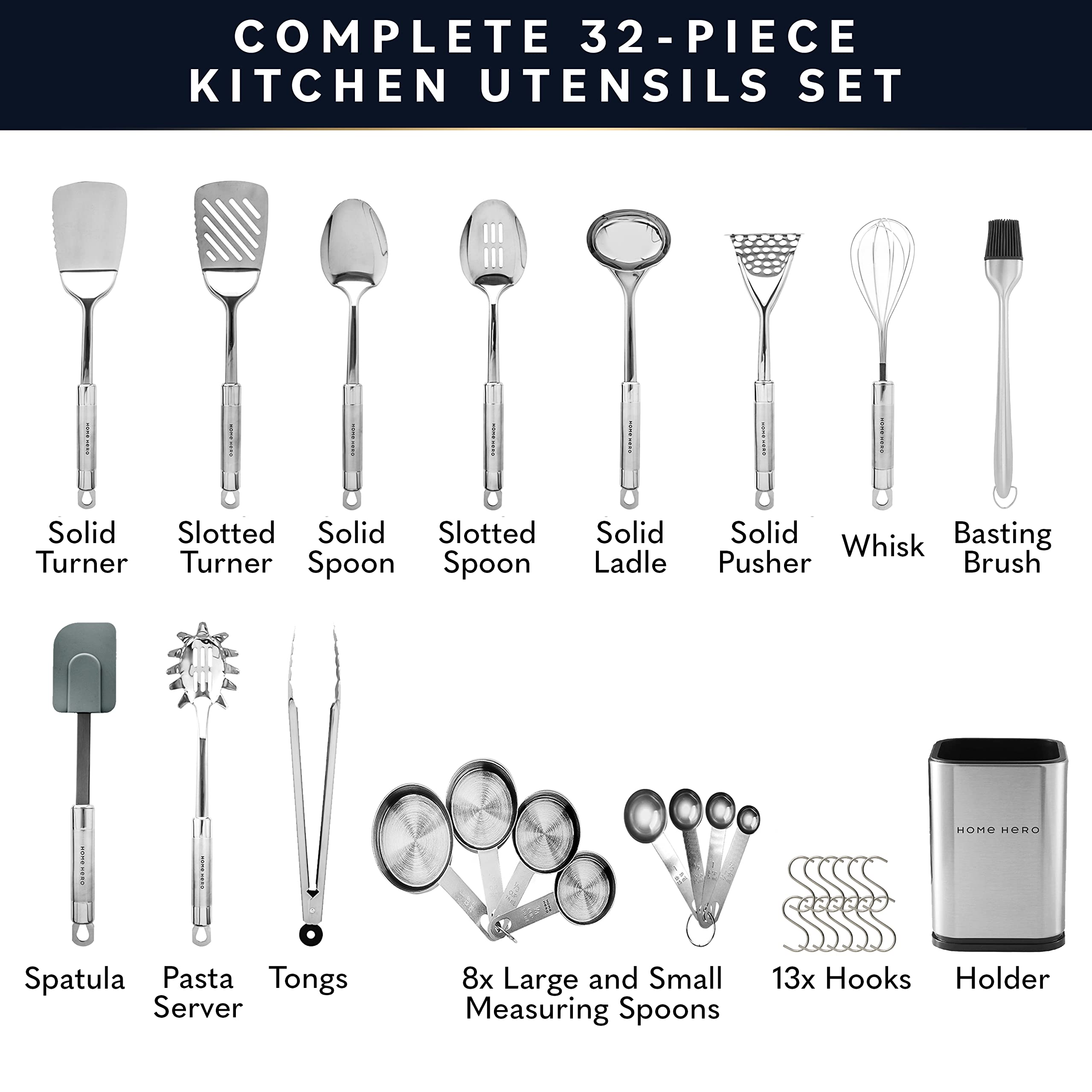 Home Hero 32 Pcs Stainless Steel Kitchen Utensils Set - Nonstick Stainless Steel Cooking Utensils Set - Heat Resistant Kitchen E